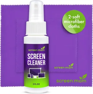 Screen Cleaner Spray and 2 Microfiber Cloths - 2oz Bottle by Screen Mom-Screen Cleaner Spray and Wipe for TV, Computer, Phone, iPad, Car Screen Cleaning Kit Electronic Cleaner Spray