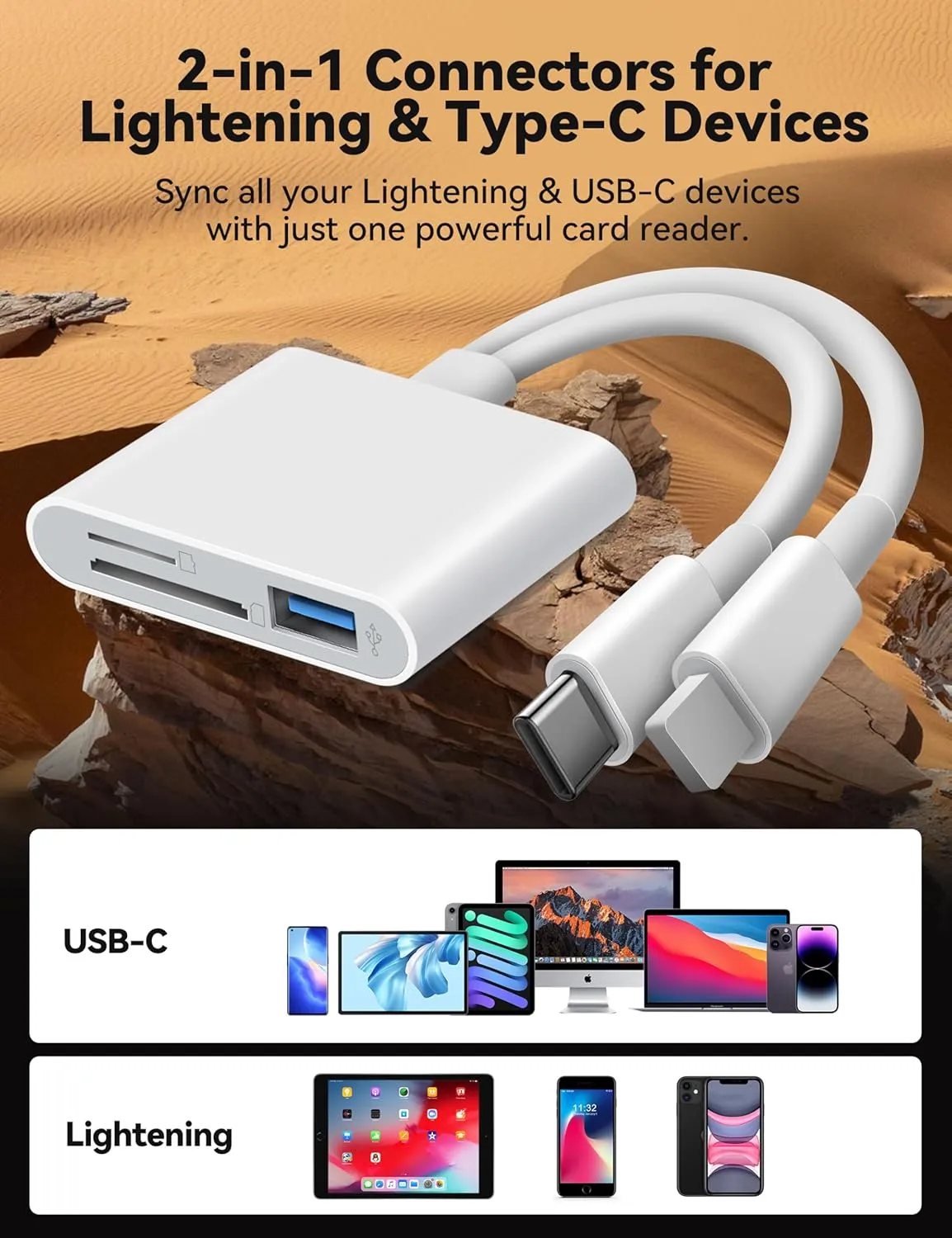 SD Card Reader for iPhone iPad Lightening USB-C Dual Connector Memory Card Adapter with Dual Slots & USB Port Trail Camera Viewer for Mac MacBook Pro/Air/Mini Android Laptop