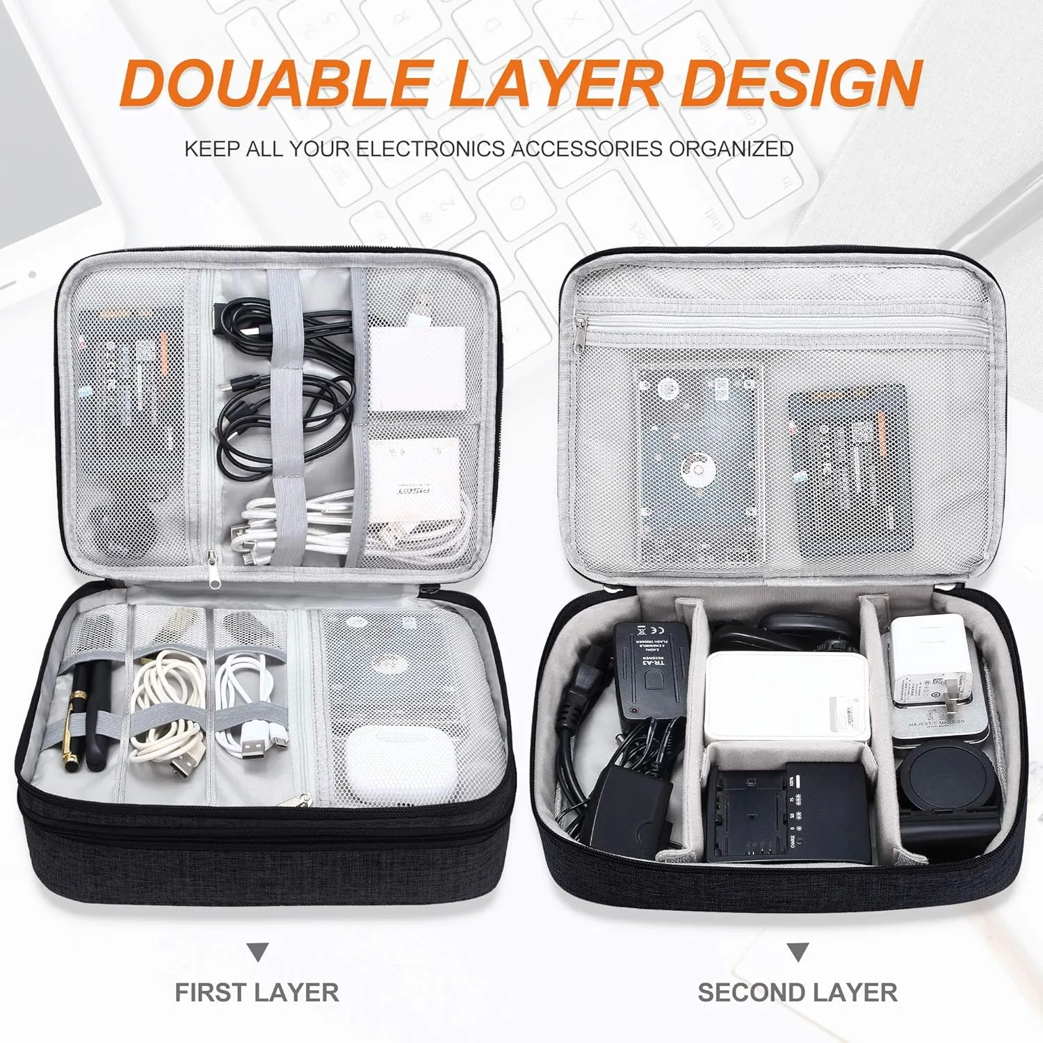 SELLYFELLY Electronic Bag Travel Cable Accessories Bag Waterproof Double Layer Electronics Organizer Portable Storage Case for Cable, Cord, Charger, Phone, Adapter, Power Bank, Kindle, Hard Drives