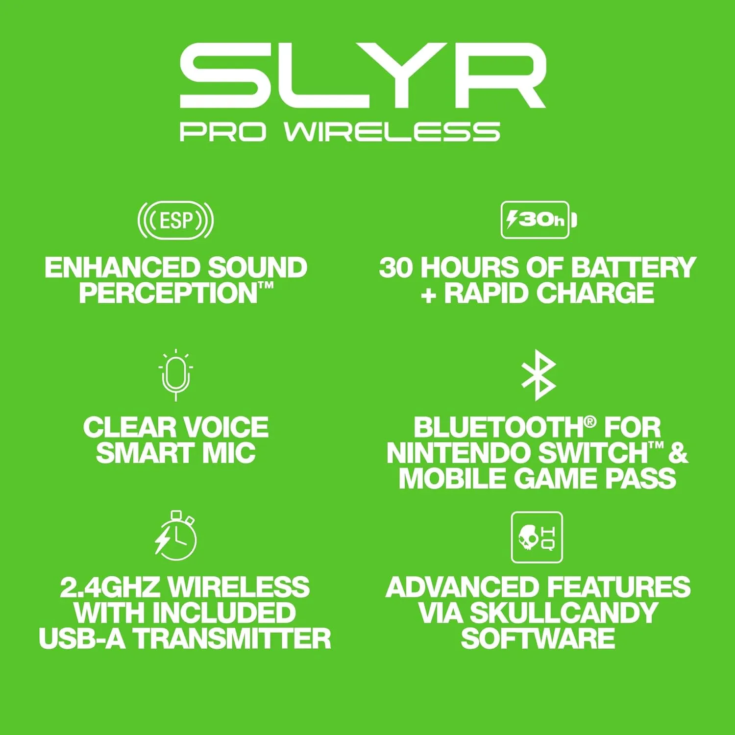 Skullcandy SLYR Pro Wireless Multi-Platform Over-Ear Gaming Headset with Ultra Low Latency USB-A Transmitter, Compatible with Xbox, PC, Nintendo Switch or PlayStation - Black/Green