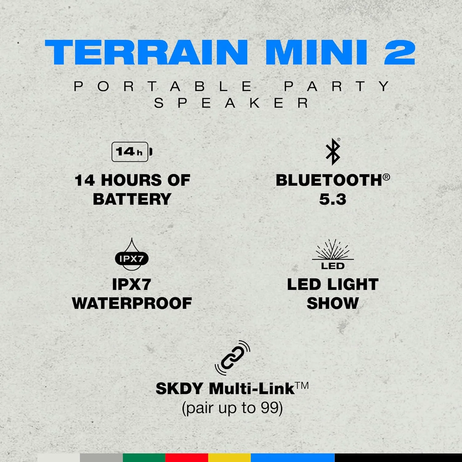 Skullcandy Terrain Mini 2 Wireless Bluetooth Speaker, IPX7 Water Resistant, 14H Battery, Multi-Link, LED Light Show, Lightweight & Portable (Bone)