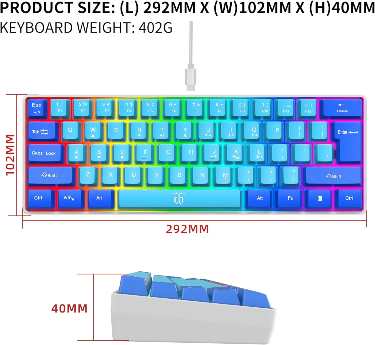 Snpurdiri 60% Wired Gaming Keyboard, RGB Ultra-Compact Mini Keyboard, Waterproof Mechanical Feeling Small Keyboard for PC/Mac Gamer, Typist, Travel, Easy to Carry on Business Trip (Blue-Wathet)