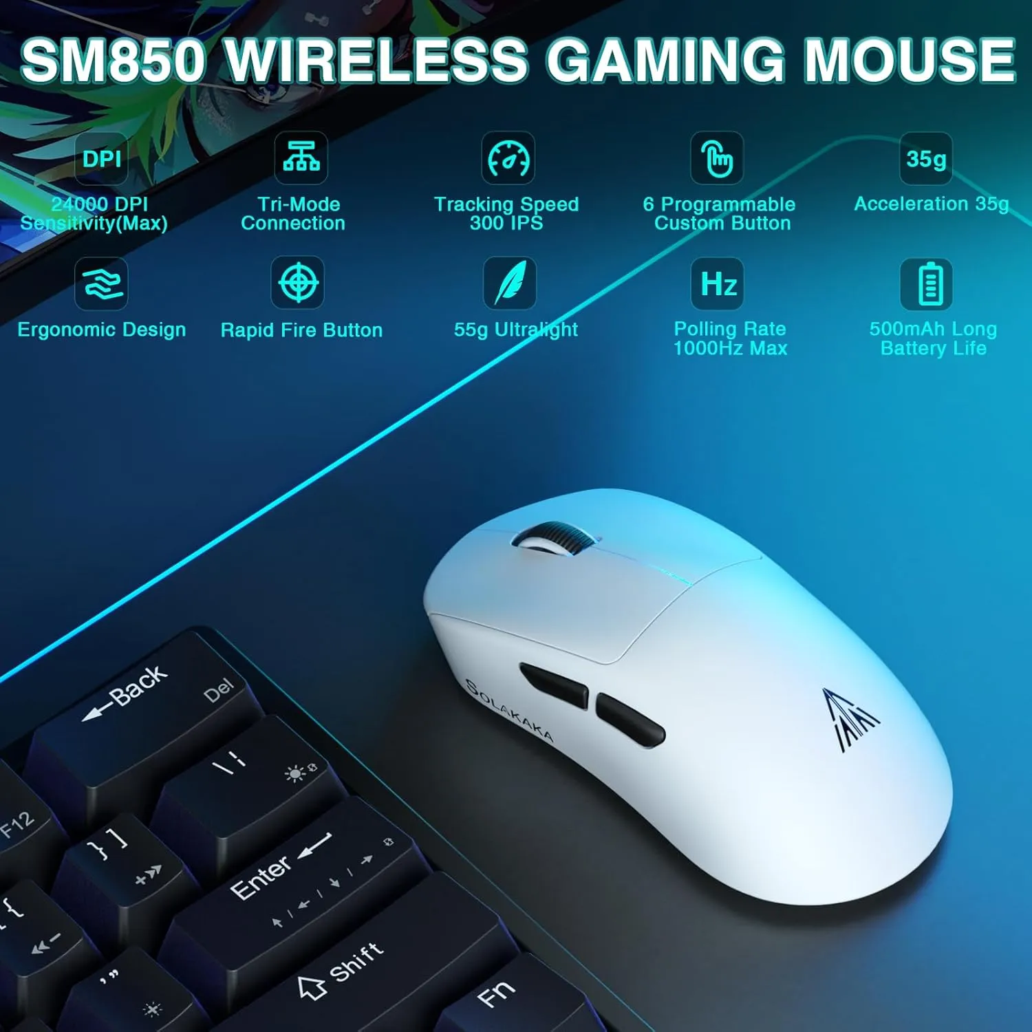 SOLAKAKA SM850 Wireless Gaming Mouse, 24000 DPI, 55g Lightweight Mouse Gaming, 6 Programmable Buttons, Ergonomic Computer Mouse, Tri-Mode BT5.1/2.4G/USB-C 250h Battery Life PC Gamer Mice for Laptop