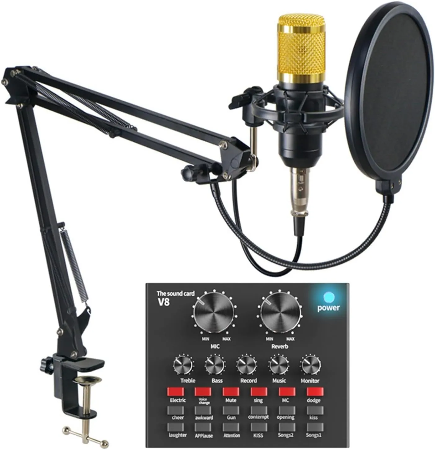 Sound Card Kit Professional Condenser Micro Kits V8 Sound Card Karaoke with Micro Stand Condenser USB MIC Live Streaming Studio Setup for Recording Music