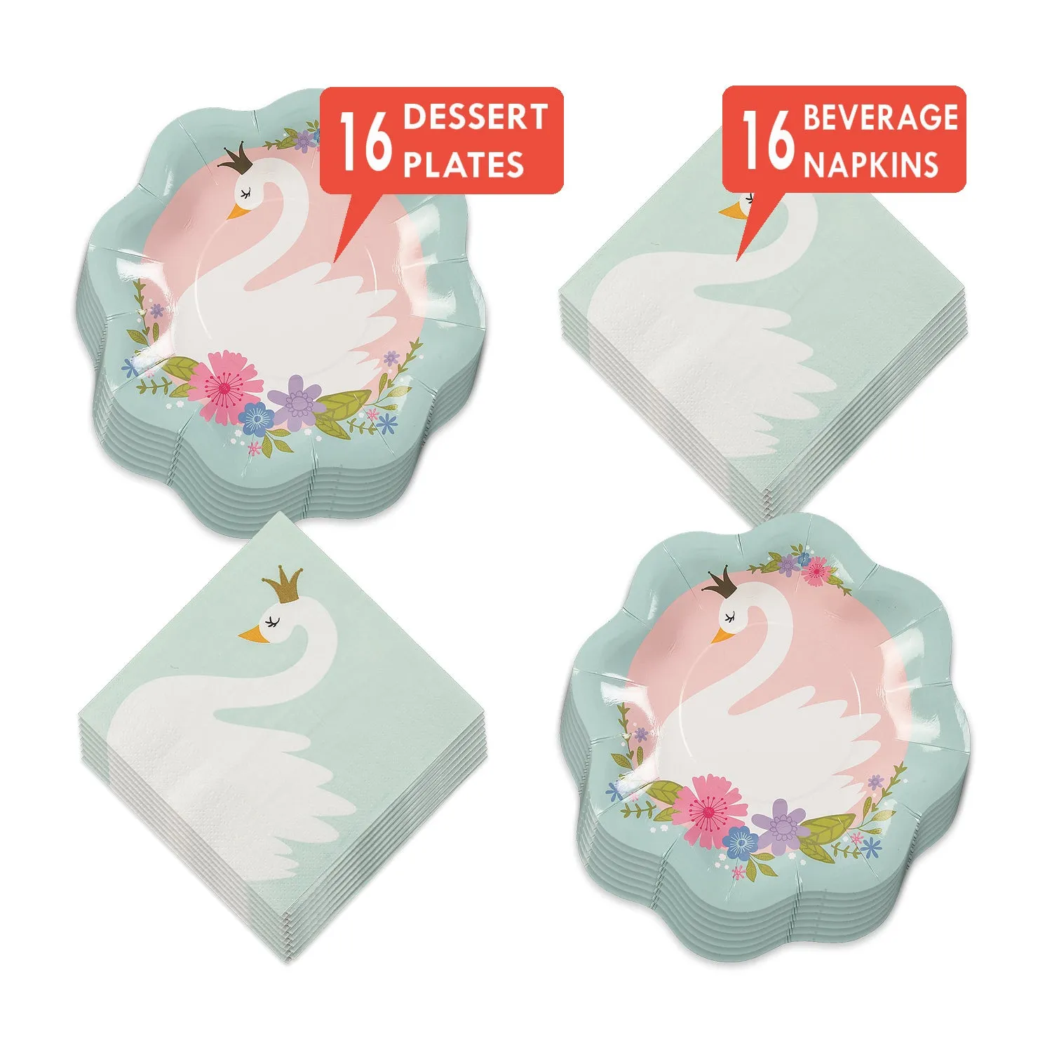 Swan Party Supplies - Sweet Swan Floral Paper Dessert Plates and Beverage Napkins (Serves 16)