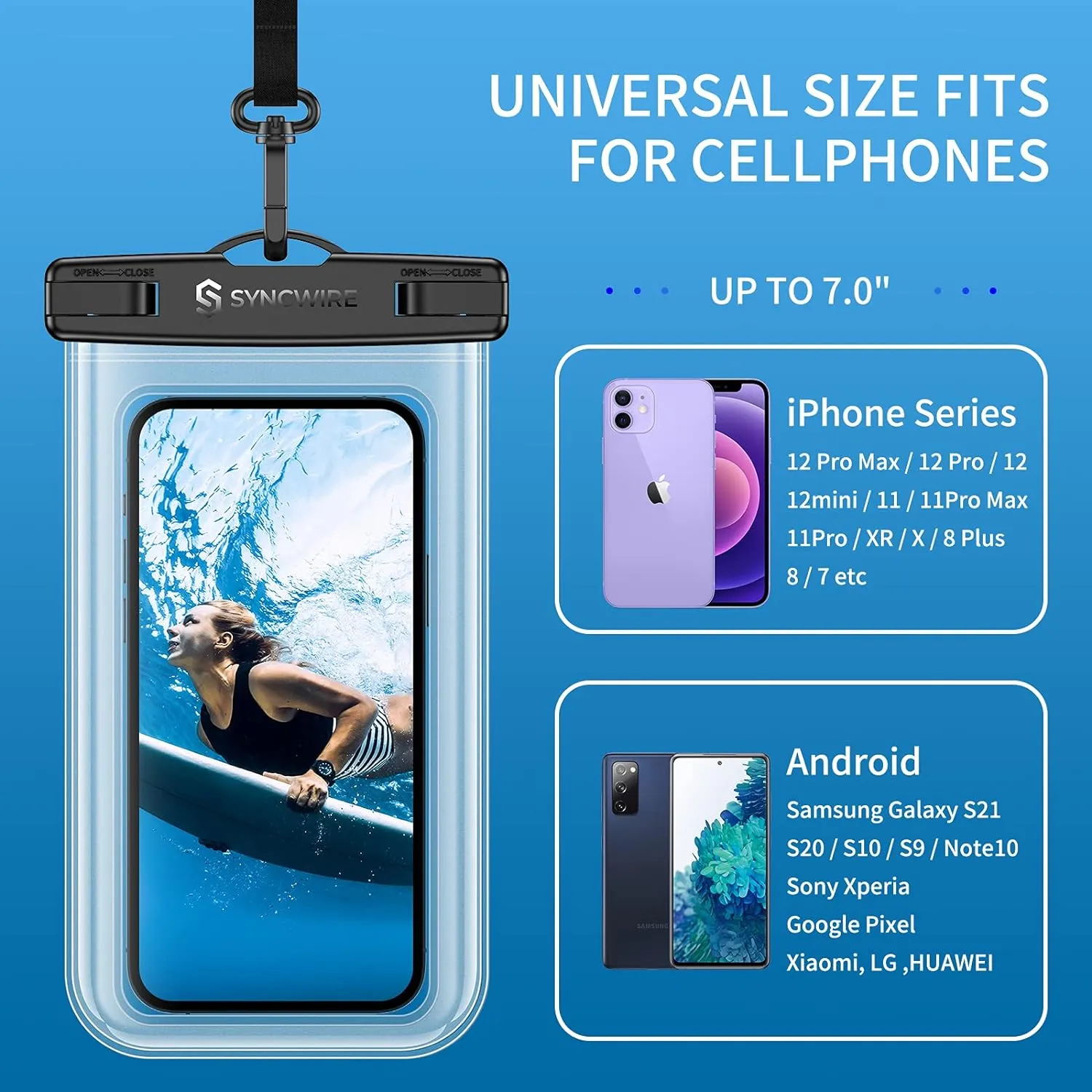 SYNCWIRE Waterproof Smartphone Pouch [Pack of 2], IPX8 Touch Sensitive Waterproof Bag for Phone iPhone 13 Pro Max, 12, 11 Pro, XS Max, XR, XS, X,7 8, Samsung S21/S20/S10, Huawei P30 Pro - 7 Inch