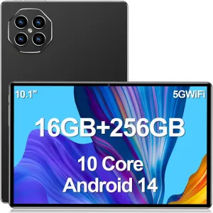 Tablet 10.1 inch Android 14 Tablets, 16GB RAM 256GB ROM,16MP 32MP Camera,10 Core Tablet PC, 2560 * 1600 HD Touch Screen,Smart-K Dual Speakers, 10000mAh, GPS, WiFi (Black)