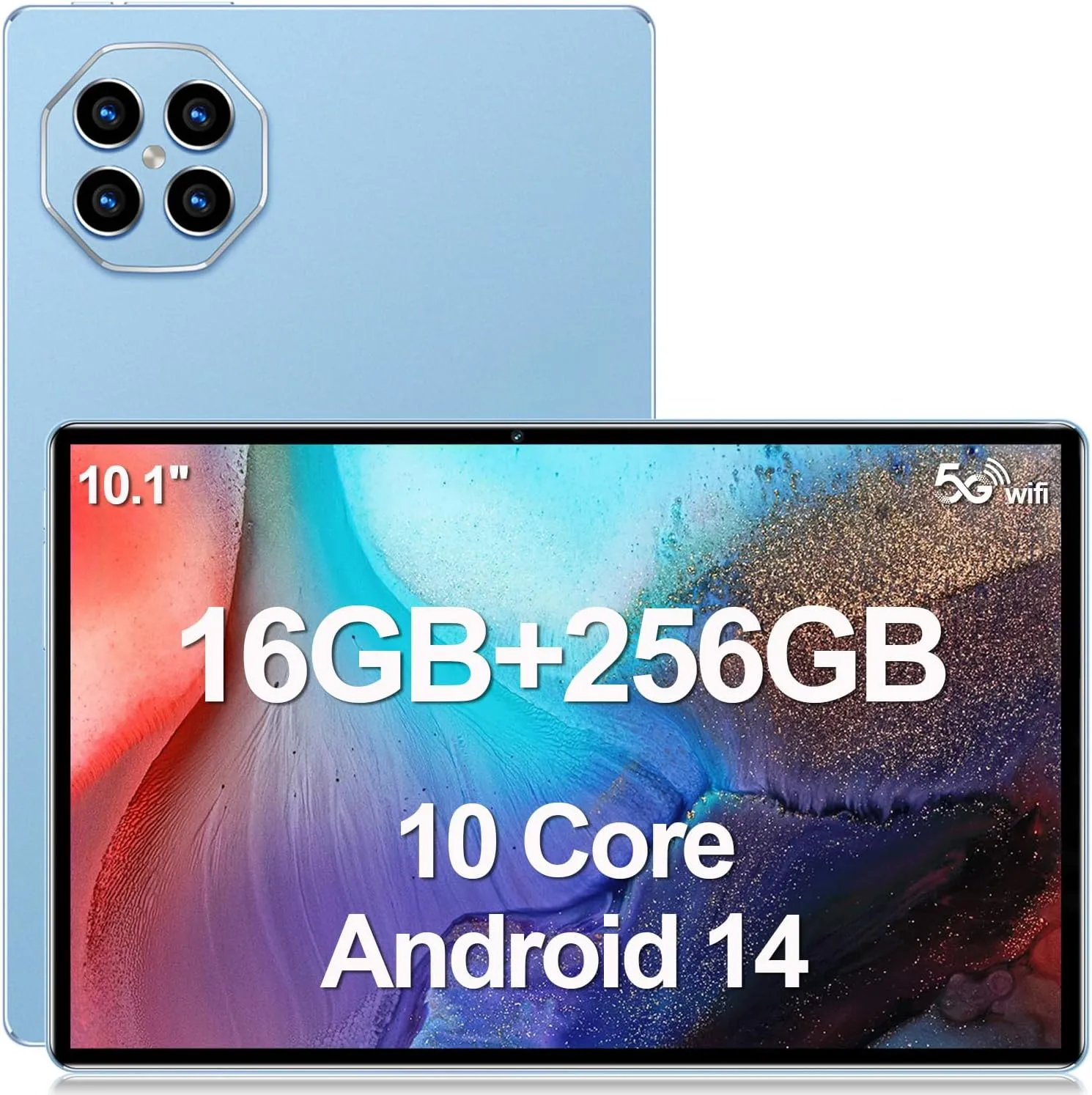 Tablet 10.1 inch Android 14 Tablets, 16GB RAM 256GB ROM,16MP 32MP Camera,10 Core Tablet PC, 2560 * 1600 HD Touch Screen,Smart-K Dual Speakers, 10000mAh, GPS, WiFi (Blue)