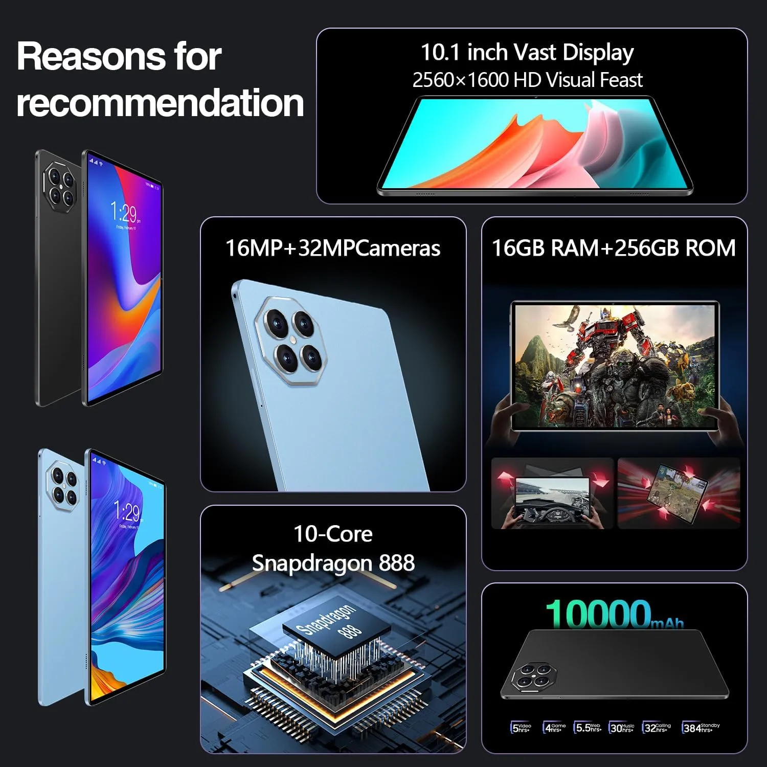 Tablet 10.1 inch Android 14 Tablets, 16GB RAM 256GB ROM,16MP 32MP Camera,10 Core Tablet PC, 2560 * 1600 HD Touch Screen,Smart-K Dual Speakers, 10000mAh, GPS, WiFi (Blue)