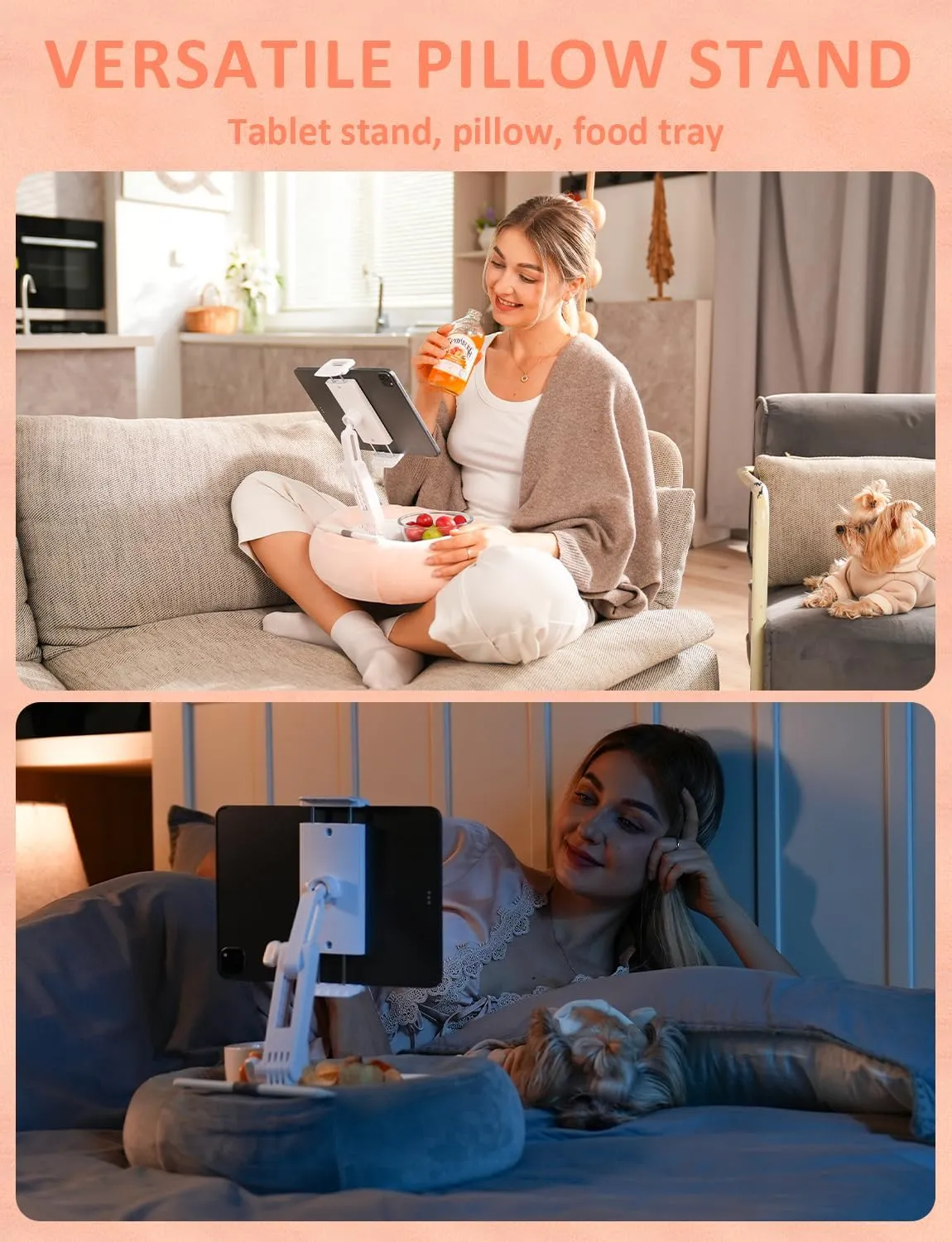Tablet & E-Reader Stand with Soft Plush Pillow and 2 Detachable Trays, Adjustable Tablet Holder for Bed or Lap Compatible with Kindle Kobo iPad iPhone Portable Monitors & 4.7-16.1" Devices ()