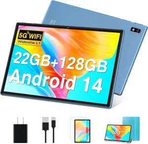 Tablet Android 14 Tablets 10.1 inch with 22GB RAM 128GB ROM, Octa-Core Processor 8000mAh TF 1TB, G G HD IPS Display Tableta, Dual Camera, Widevine L1 Bluetooth GPS Tablet PC (Blue)
