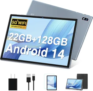 Tablet Android 14 Tablets 10.1 inch with 22GB RAM 128GB ROM, Octa-Core Processor 8000mAh TF 1TB, G G HD IPS Display Tableta, Dual Camera, Widevine L1 Bluetooth GPS Tablet PC (Gray)