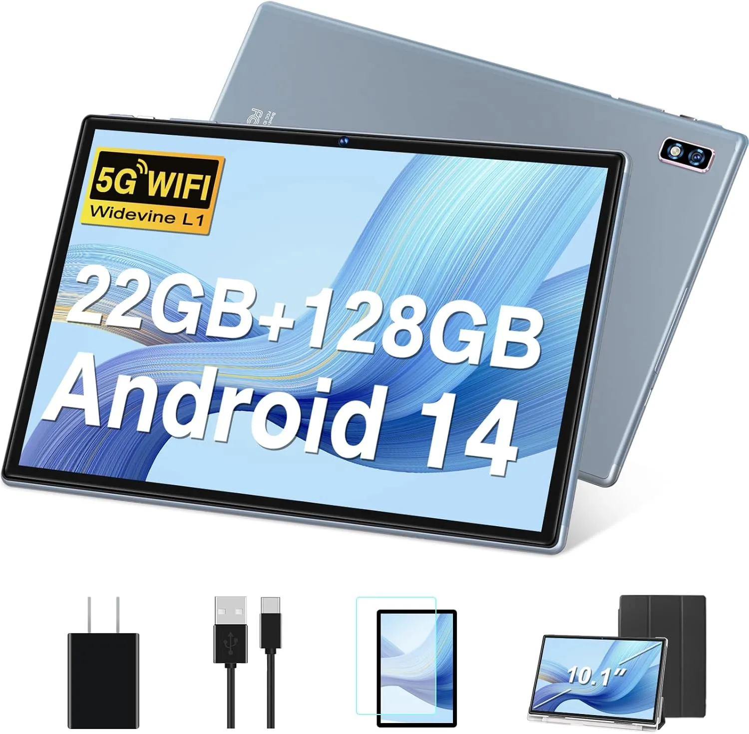 Tablet Android 14 Tablets 10.1 inch with 22GB RAM 128GB ROM, Octa-Core Processor 8000mAh TF 1TB, G G HD IPS Display Tableta, Dual Camera, Widevine L1 Bluetooth GPS Tablet PC (Gray)