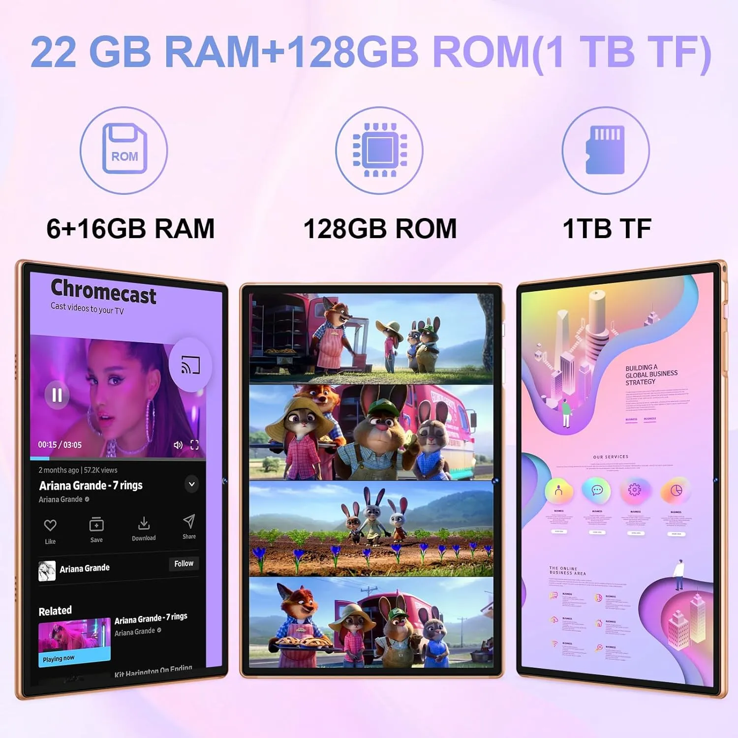 Tablet Android 14 Tablets 10.1 inch with 22GB RAM 128GB ROM, Octa-Core Processor 8000mAh TF 1TB, G G HD IPS Display Tableta, Dual Camera, Widevine L1 Bluetooth GPS Tablet PC (Rose Gold)
