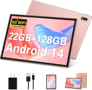 Tablet Android 14 Tablets 10.1 inch with 22GB RAM 128GB ROM, Octa-Core Processor 8000mAh TF 1TB, G G HD IPS Display Tableta, Dual Camera, Widevine L1 Bluetooth GPS Tablet PC (Rose Gold)