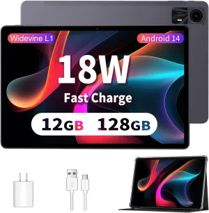 Tablets 11 inch Android 14 Tablet with Case, Octa-core 12GB RAM 128GB ROM,8000mAh Tablet with Dual Band WiFi/BT 5.0/GPS/PD Fast Charge/FM Radio - Black
