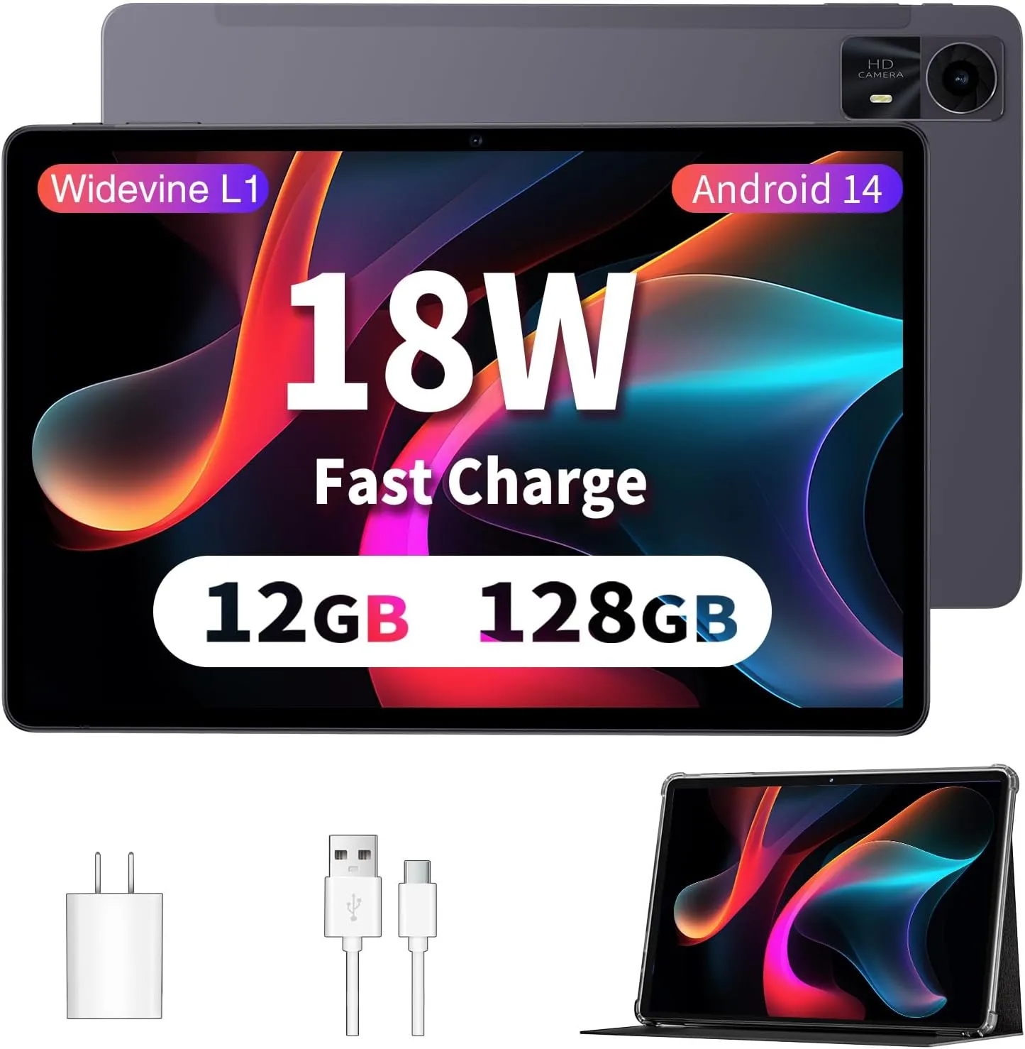 Tablets 11 inch Android 14 Tablet with Case, Octa-core 12GB RAM 128GB ROM,8000mAh Tablet with Dual Band WiFi/BT 5.0/GPS/PD Fast Charge/FM Radio - Black
