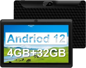 Tablets Android 12, 7 inch Tablets, 4GB 32GB/1TB Expand, 2.4G 5G Wi-Fi 6, Dual Camera, 3000 mAh, BT, GMS, Games, Work(Black)