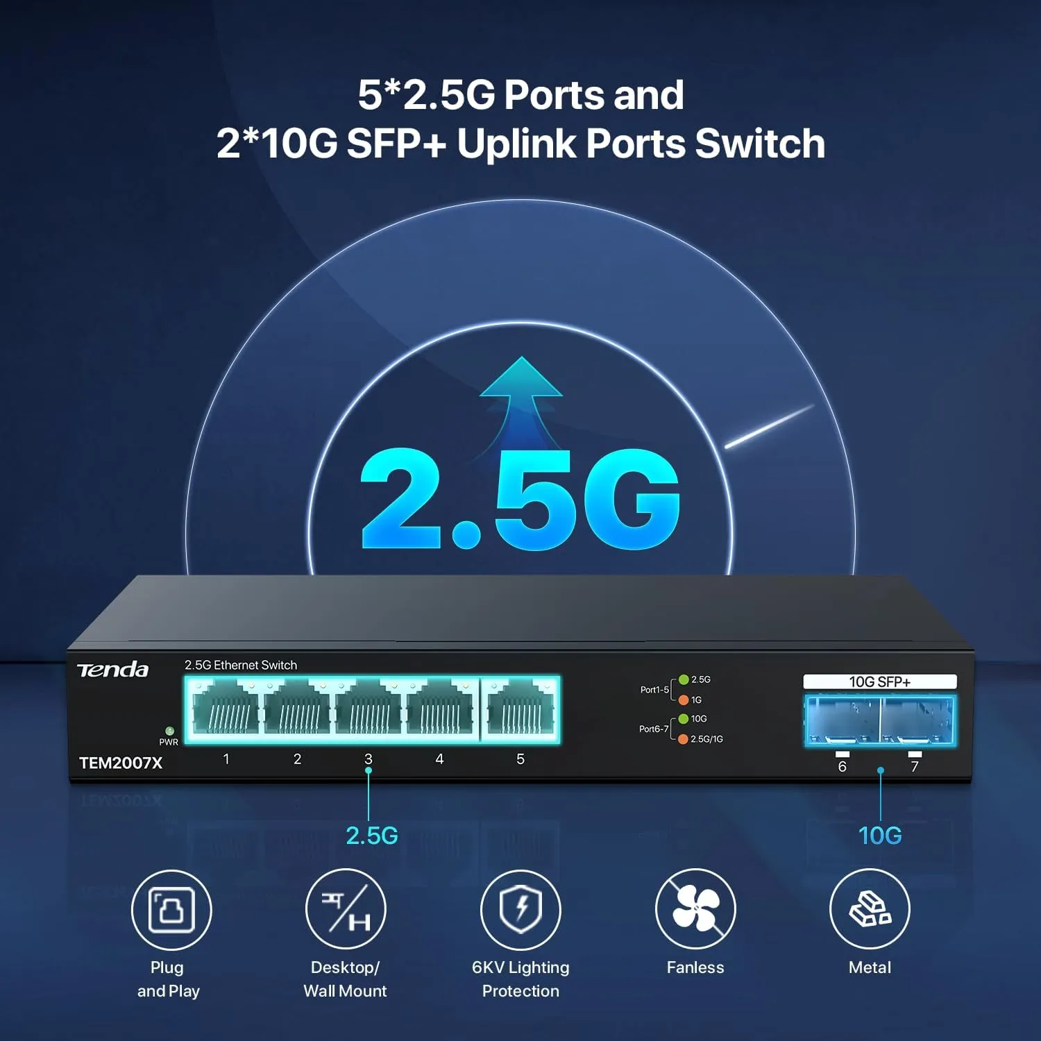 Tenda TEM2007X, 5 Port 2.5G Ethernet Switch, Unmanaged 2.5Gb Switch with 5 x 2.5G Ports & 2 x 10Gb SFP  Slots, 50Gbps Switching Capacity, Plug & Play, Desktop/ Wall-Mount, Fanless Metal Design