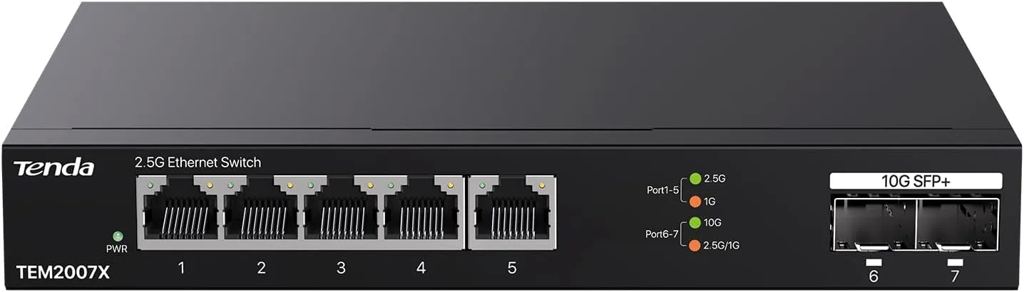 Tenda TEM2007X, 5 Port 2.5G Ethernet Switch, Unmanaged 2.5Gb Switch with 5 x 2.5G Ports & 2 x 10Gb SFP  Slots, 50Gbps Switching Capacity, Plug & Play, Desktop/ Wall-Mount, Fanless Metal Design