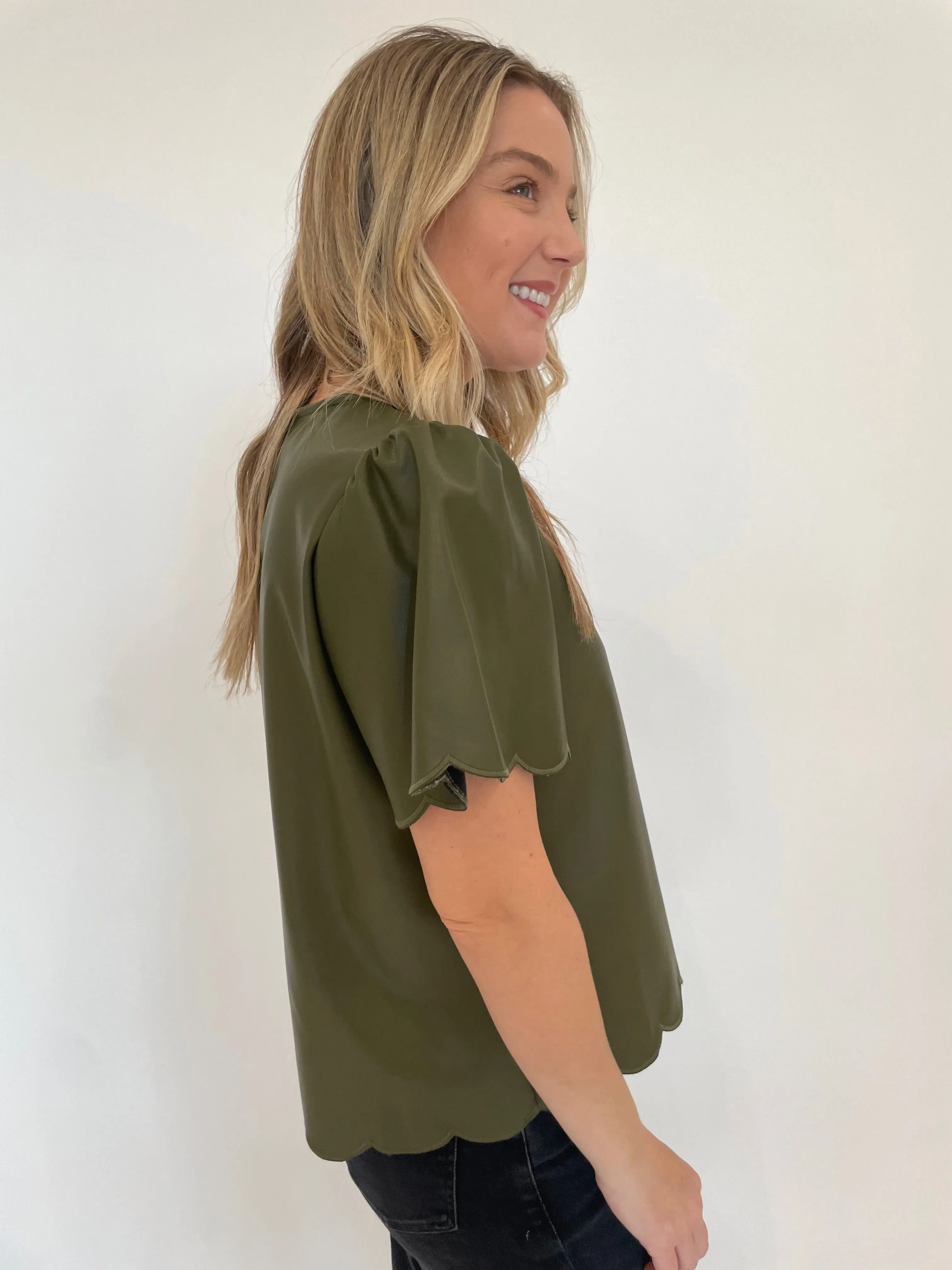 Tiffany Vegan Leather Scallop Top - Olive