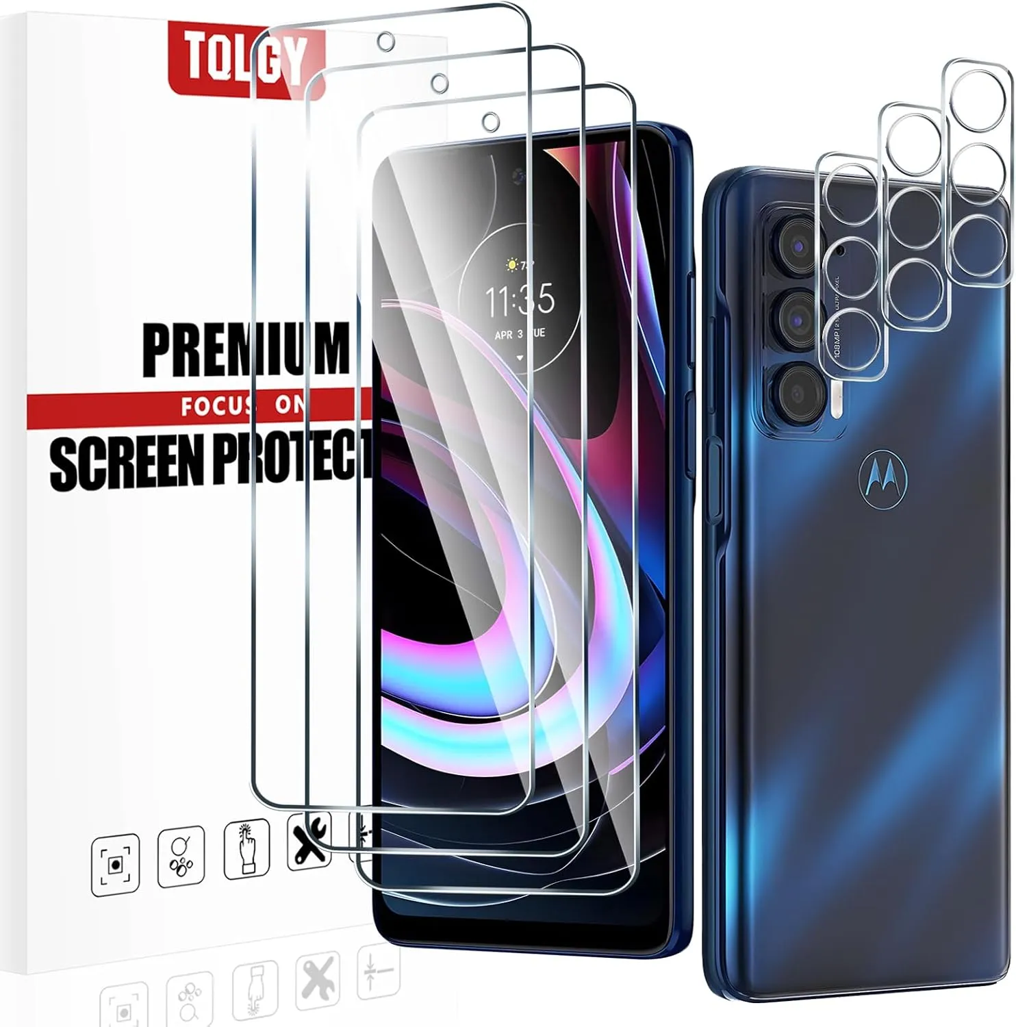 TQLGY 3 Pack Screen Protector for Motorola Edge 2021 / Motorola Edge 5G UW 2021 with 3 Pack Camera Lens Protector, Ultra HD Tempered Glass, 9H Hardness, Anti-Scratch, Bubble Free, Case Friendly