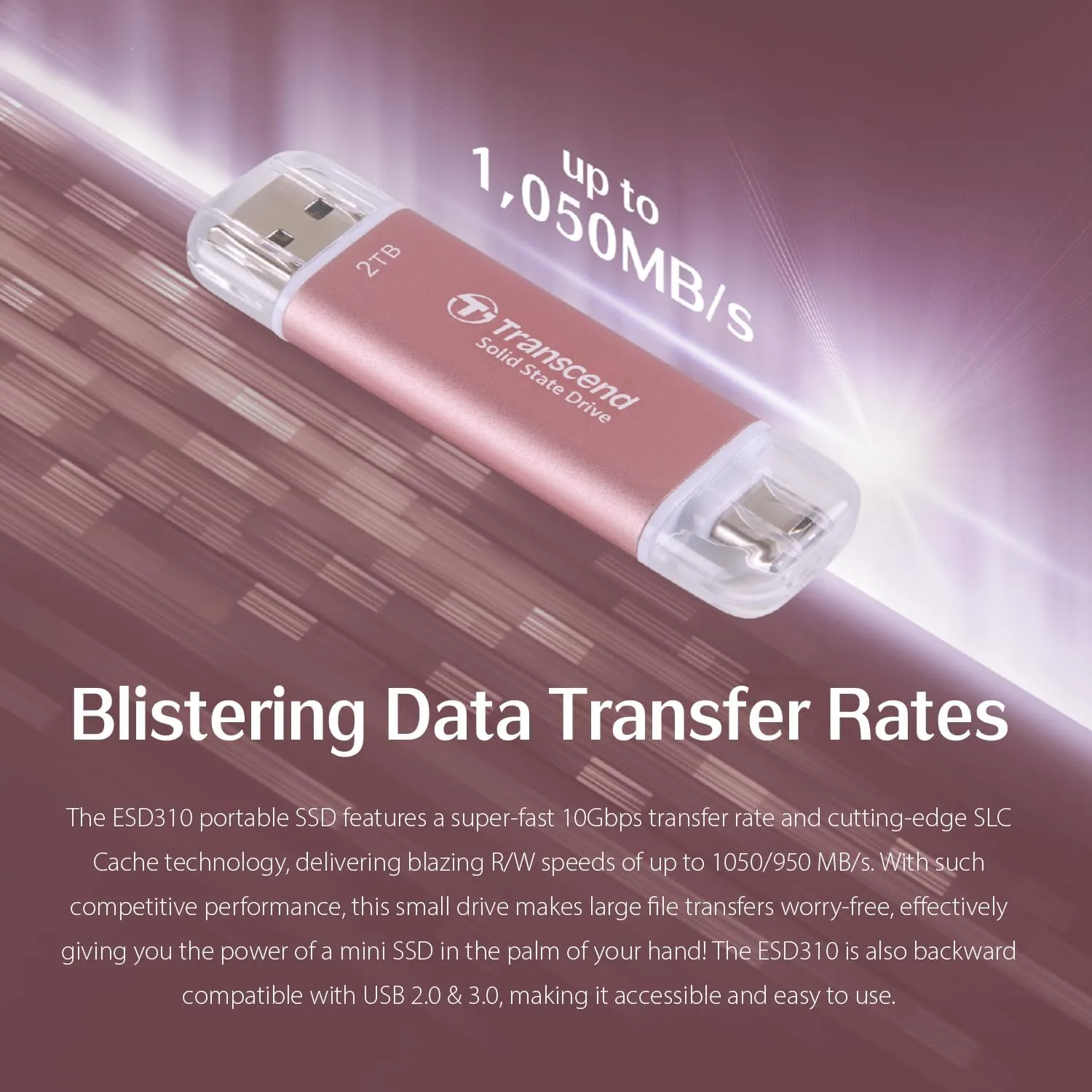 Transcend 1TB External SSD, USB 3.2 Gen 2, Up to 1,050MB/s, Portable SSD with 2-in-1 Type C & Type A, for Steam Deck, ROG Ally, MSI Claw, Windows, Mac, iPhone, iPad, Android, PS5, Xbox, Smart TV -Pink