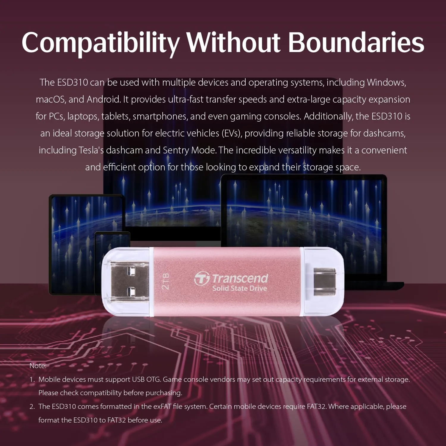 Transcend 1TB External SSD, USB 3.2 Gen 2, Up to 1,050MB/s, Portable SSD with 2-in-1 Type C & Type A, for Steam Deck, ROG Ally, MSI Claw, Windows, Mac, iPhone, iPad, Android, PS5, Xbox, Smart TV -Pink