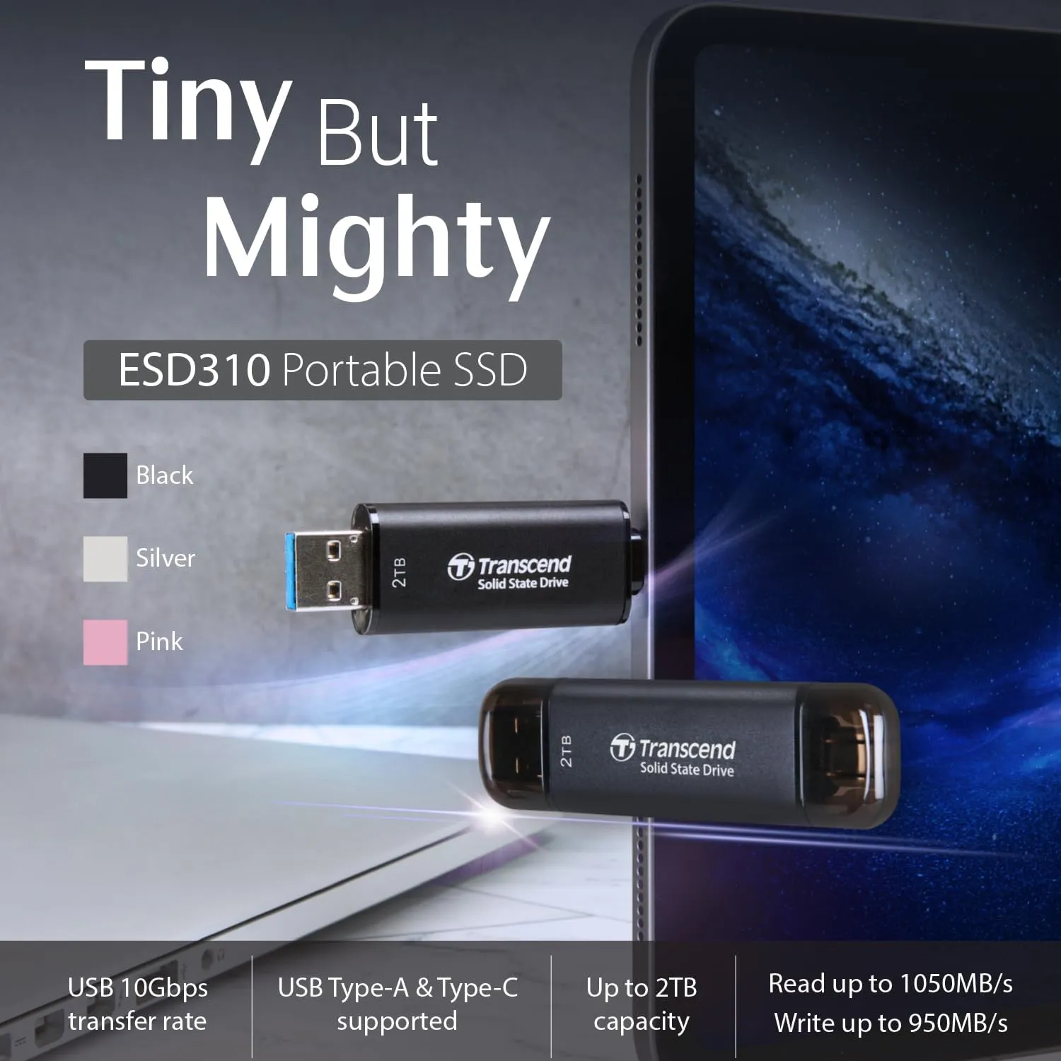 Transcend 2TB External SSD, Up to 1,050MB/s, USB 3.2 Gen 2 Portable SSD, 2-in-1 Type C &Type A, USB Hard Drive for Steam Deck, ROG Ally, MSI Claw, Windows&Mac, iPhone&iPad, Android, PS5&Xbox, Smart TV