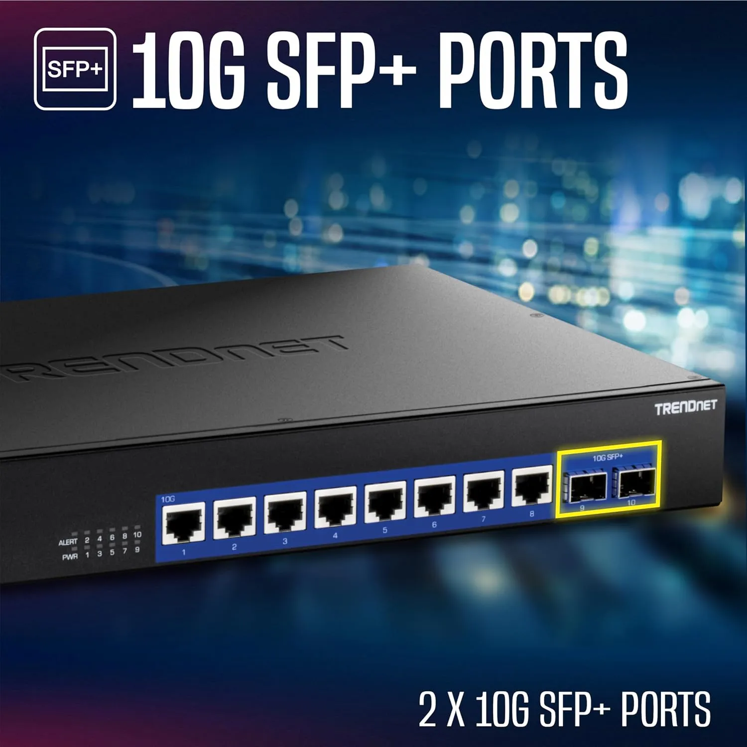TRENDnet 10-Port 10G Unmanaged Switch, TEG-S7102, 8 x 10G RJ-45 Ports, 2 x 10G SFP  Ports, 200Gbps Switching Capacity, Rackmount Design, Lifetime Protection, Black