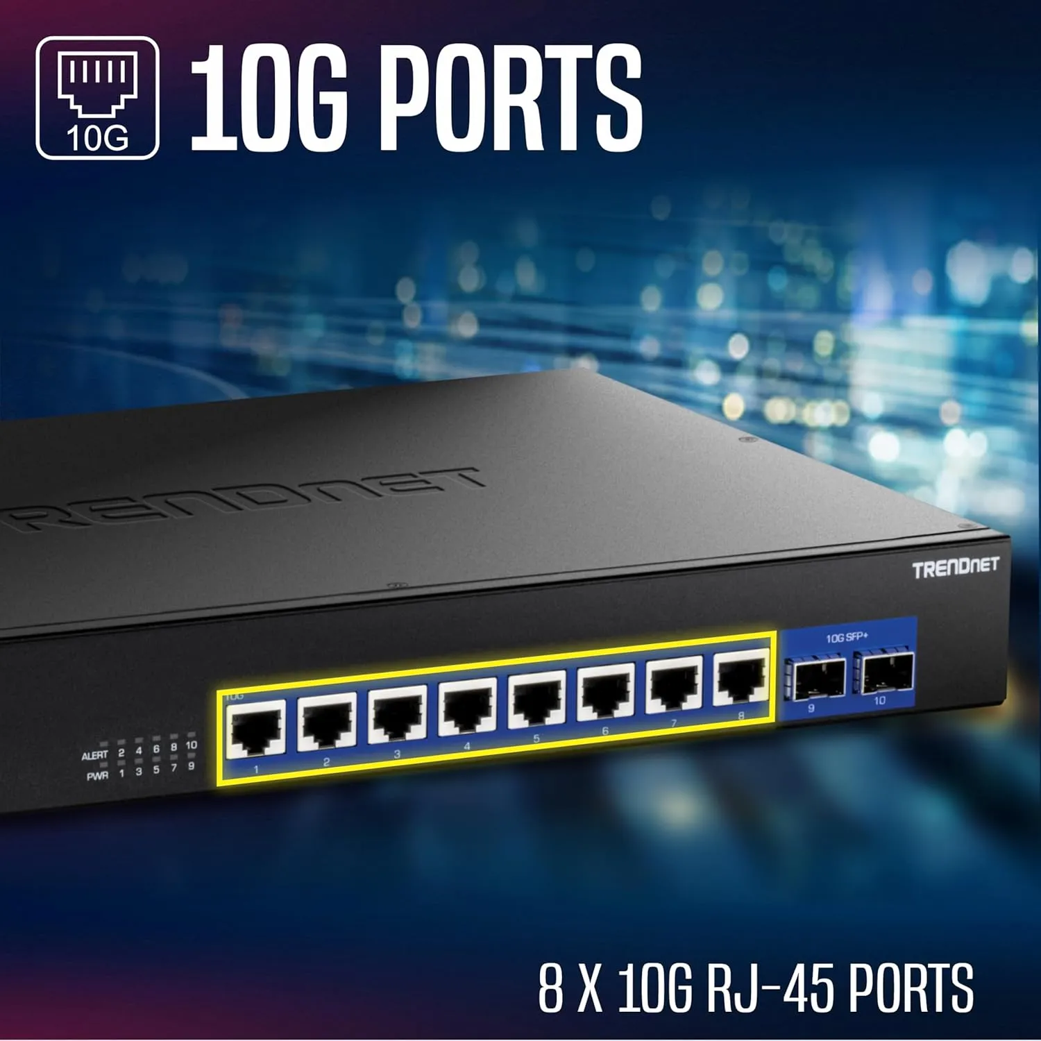 TRENDnet 10-Port 10G Unmanaged Switch, TEG-S7102, 8 x 10G RJ-45 Ports, 2 x 10G SFP  Ports, 200Gbps Switching Capacity, Rackmount Design, Lifetime Protection, Black