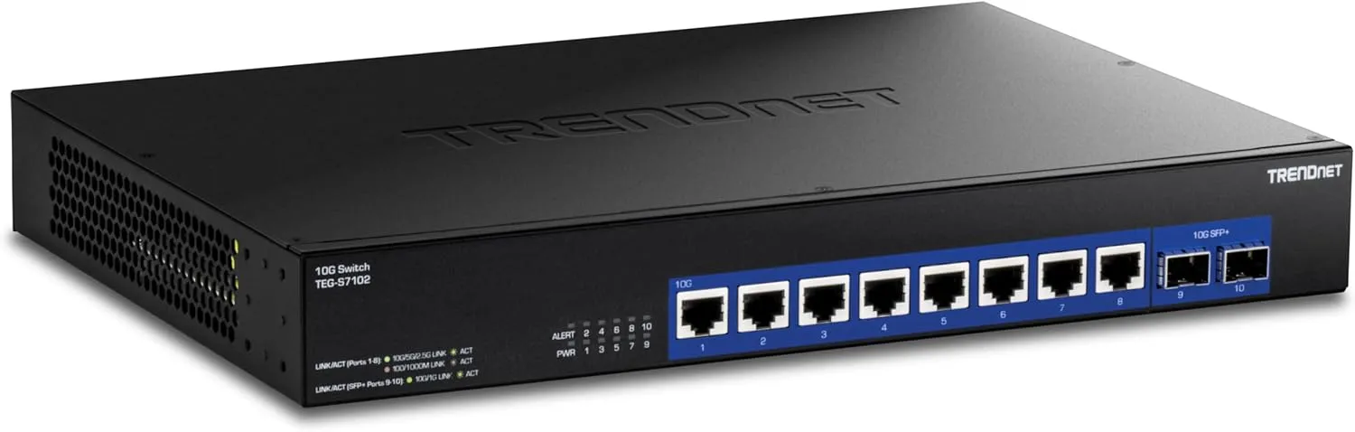 TRENDnet 10-Port 10G Unmanaged Switch, TEG-S7102, 8 x 10G RJ-45 Ports, 2 x 10G SFP  Ports, 200Gbps Switching Capacity, Rackmount Design, Lifetime Protection, Black