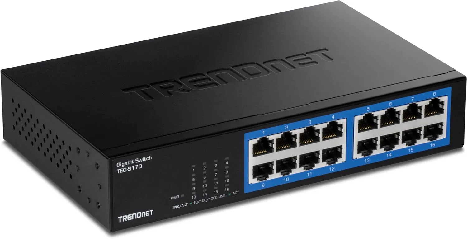 TRENDnet 16-Port Gigabit Desktop Switch, TEG-S17D, 16 x Gigabit RJ-45 Ports, 32Gbps Switching Capacity, Ethernet Splitter, NDAA & TAA Compliant, Internal Power Supply, Lifetime Protection, Black