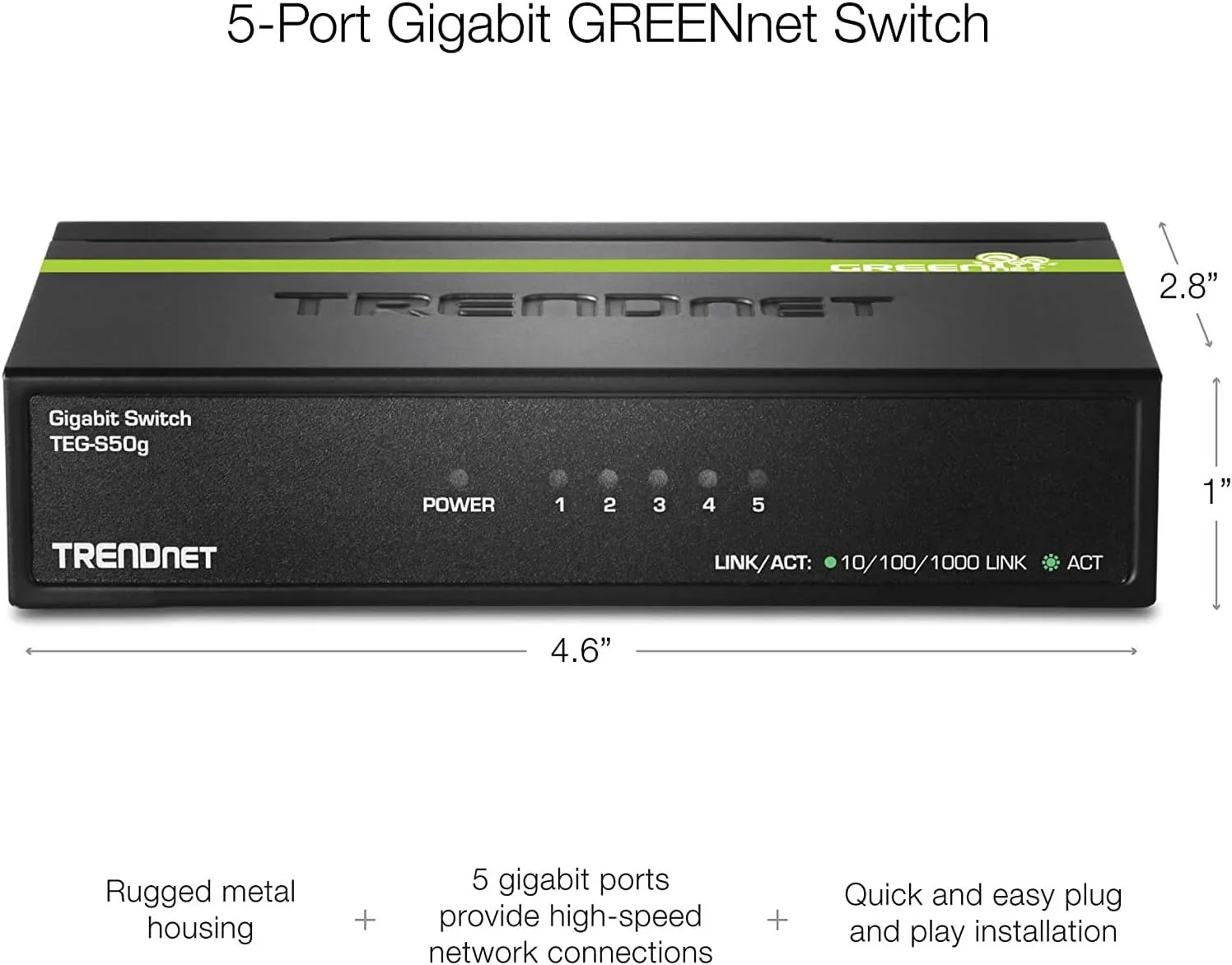 TRENDnet 5-Port Mini Gigabit Switch, TEG-S50g, GREENnet Technology, NDAA   TAA Compliant, Desktop Metal Ethernet Network Switch, 5 x Gigabit Ports, Fanless, Lifetime Protection, Black