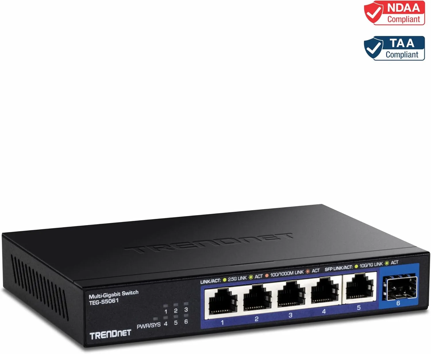 TRENDnet 6-Port Unmanaged 2.5G Switch with 10G SFP Port, TEG-S5061, 5 x 2.5GBASE-T Ports, 45Gbps SwitchingCapacity, Fanless, Wall Mountable,Lifetime Protection,Black