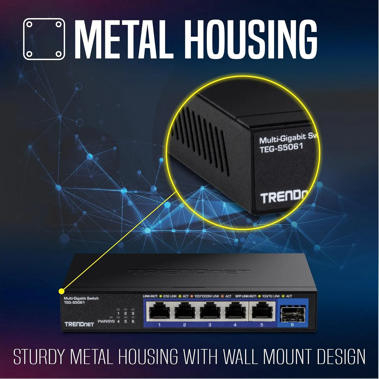 TRENDnet 6-Port Unmanaged 2.5G Switch with 10G SFP Port, TEG-S5061, 5 x 2.5GBASE-T Ports, 45Gbps SwitchingCapacity, Fanless, Wall Mountable,Lifetime Protection,Black