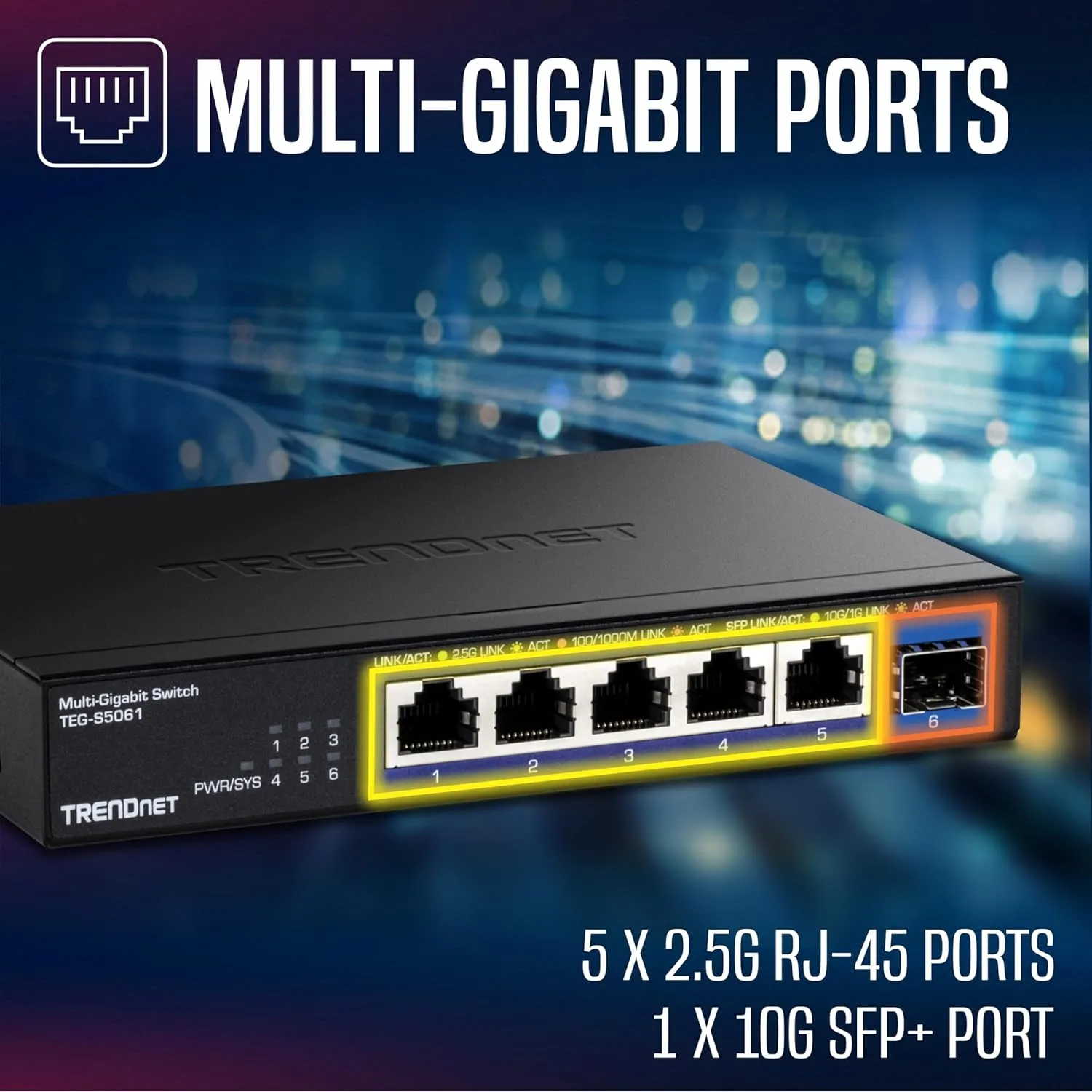 TRENDnet 6-Port Unmanaged 2.5G Switch with 10G SFP Port, TEG-S5061, 5 x 2.5GBASE-T Ports, 45Gbps SwitchingCapacity, Fanless, Wall Mountable,Lifetime Protection,Black