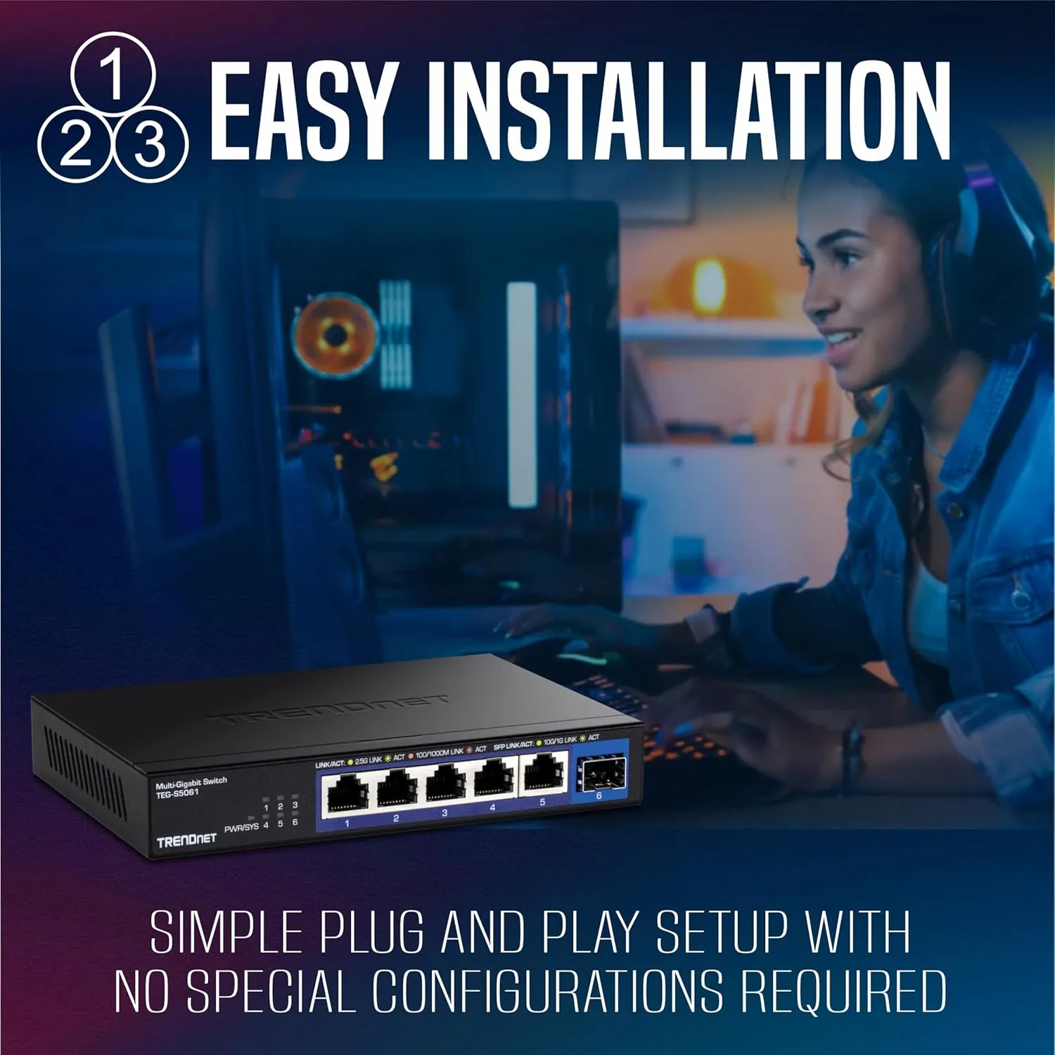 TRENDnet 6-Port Unmanaged 2.5G Switch with 10G SFP Port, TEG-S5061, 5 x 2.5GBASE-T Ports, 45Gbps SwitchingCapacity, Fanless, Wall Mountable,Lifetime Protection,Black