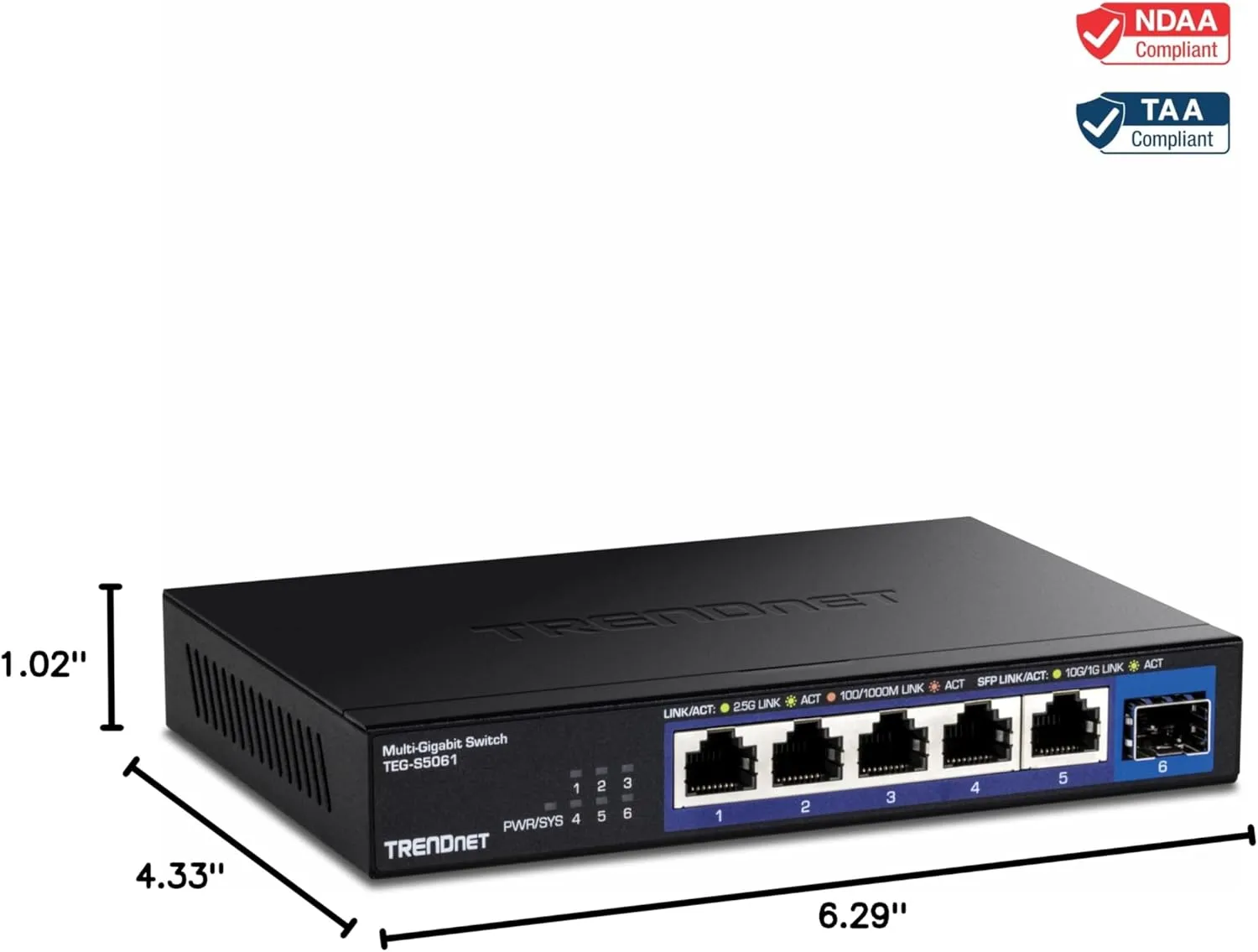 TRENDnet 6-Port Unmanaged 2.5G Switch with 10G SFP Port, TEG-S5061, 5 x 2.5GBASE-T Ports, 45Gbps SwitchingCapacity, Fanless, Wall Mountable,Lifetime Protection,Black