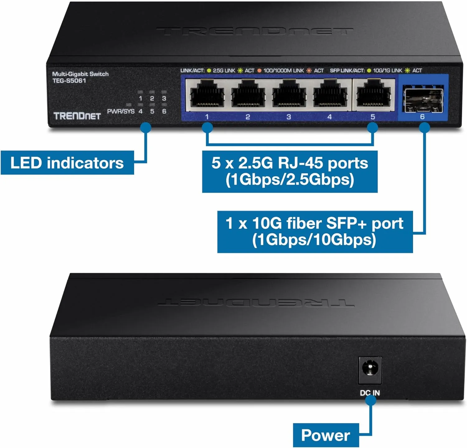 TRENDnet 6-Port Unmanaged 2.5G Switch with 10G SFP Port, TEG-S5061, 5 x 2.5GBASE-T Ports, 45Gbps SwitchingCapacity, Fanless, Wall Mountable,Lifetime Protection,Black