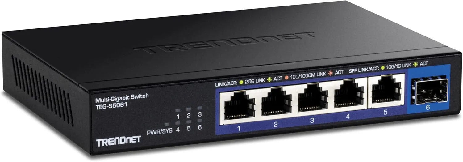 TRENDnet 6-Port Unmanaged 2.5G Switch with 10G SFP Port, TEG-S5061, 5 x 2.5GBASE-T Ports, 45Gbps SwitchingCapacity, Fanless, Wall Mountable,Lifetime Protection,Black
