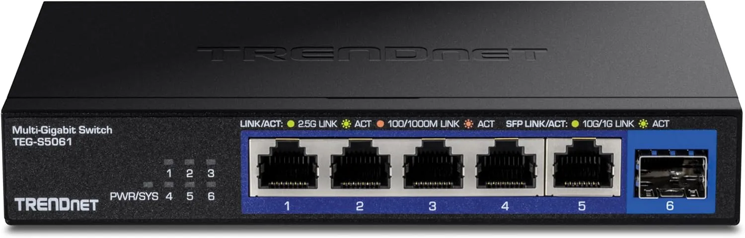 TRENDnet 6-Port Unmanaged 2.5G Switch with 10G SFP Port, TEG-S5061, 5 x 2.5GBASE-T Ports, 45Gbps SwitchingCapacity, Fanless, Wall Mountable,Lifetime Protection,Black