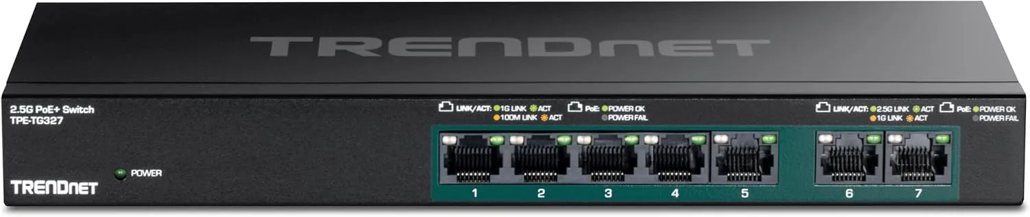 TRENDnet 7-Port Multi-Gig PoE  Switch, 5 x 1G RJ-45 PoE  Base-T Ports, 2 x 2.5G RJ-45 PoE  Ports, 20Gbps Switching Capacity, Wall Mountable, Lifetime Protection, Black,TPE-TG327