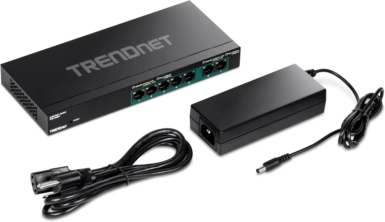 TRENDnet 7-Port Multi-Gig PoE  Switch, 5 x 1G RJ-45 PoE  Base-T Ports, 2 x 2.5G RJ-45 PoE  Ports, 20Gbps Switching Capacity, Wall Mountable, Lifetime Protection, Black,TPE-TG327