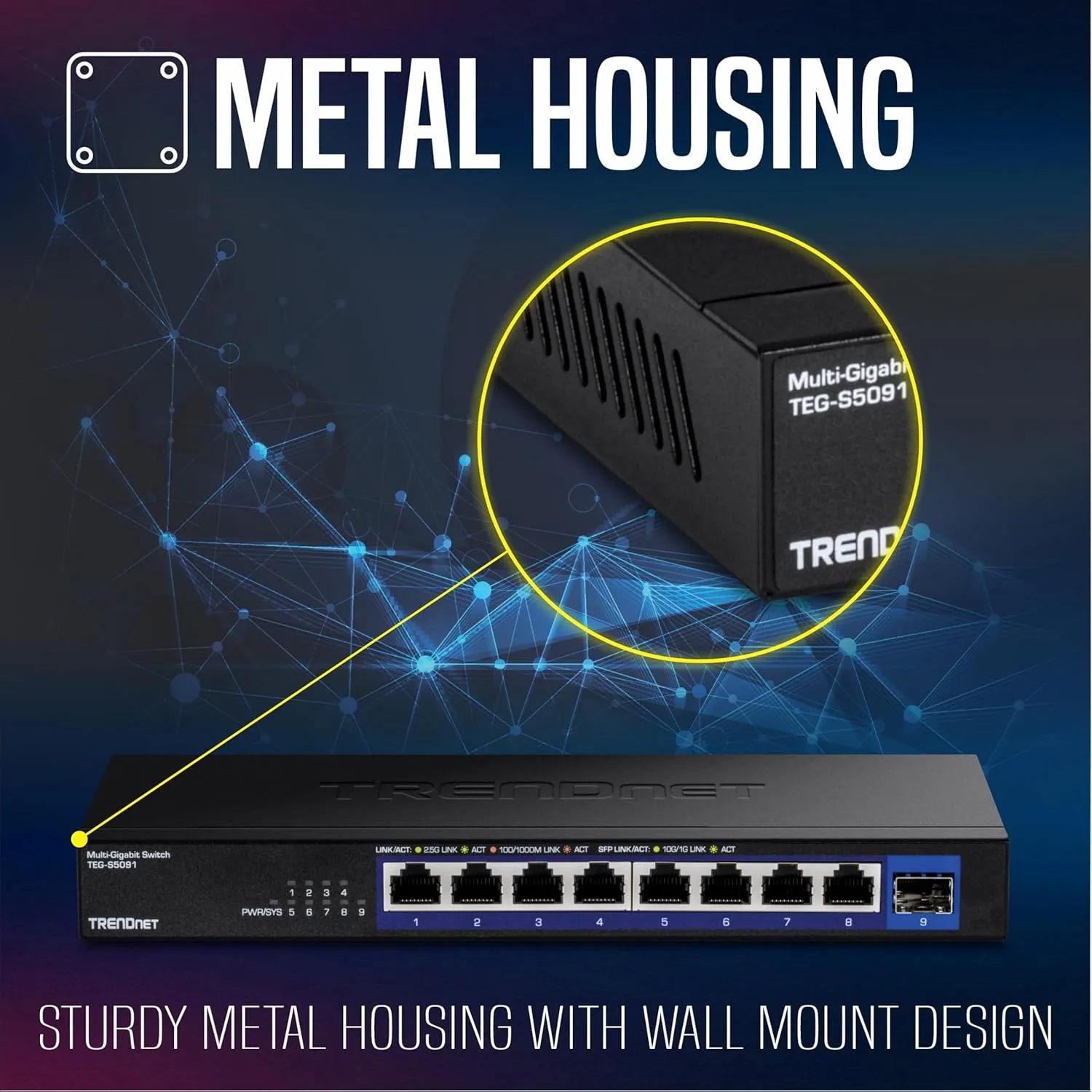 TRENDnet 9-Port Unmanaged 2.5G Switch with 10G SFP  Port, TEG-S5091, 8 x 2.5GBASE-T Ports, 60Gbps, Wall Mountable, Ethernet Splitter, NDAA & TAA Compliant, Lifetime Protection, Black