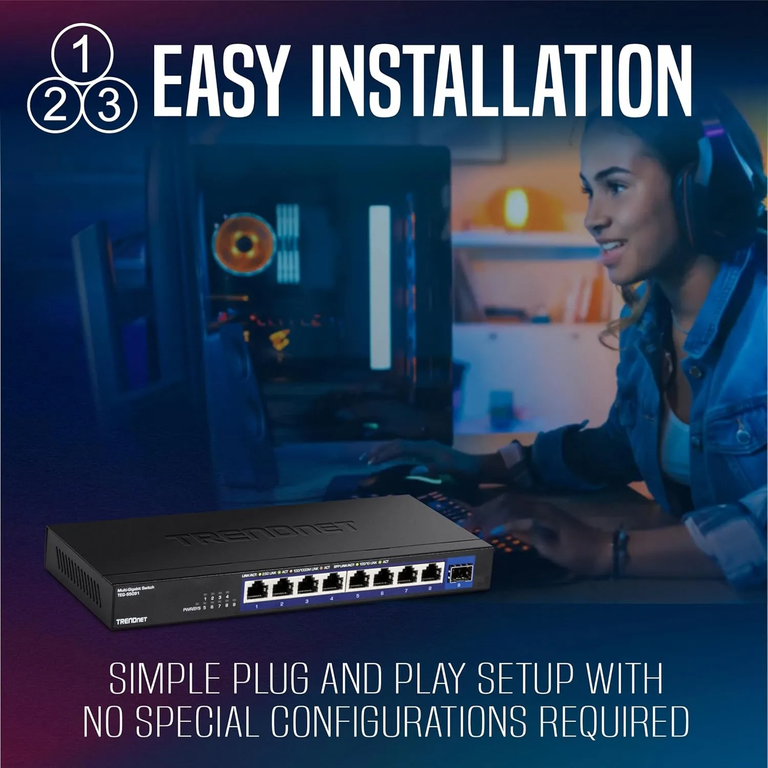 TRENDnet 9-Port Unmanaged 2.5G Switch with 10G SFP  Port, TEG-S5091, 8 x 2.5GBASE-T Ports, 60Gbps, Wall Mountable, Ethernet Splitter, NDAA & TAA Compliant, Lifetime Protection, Black