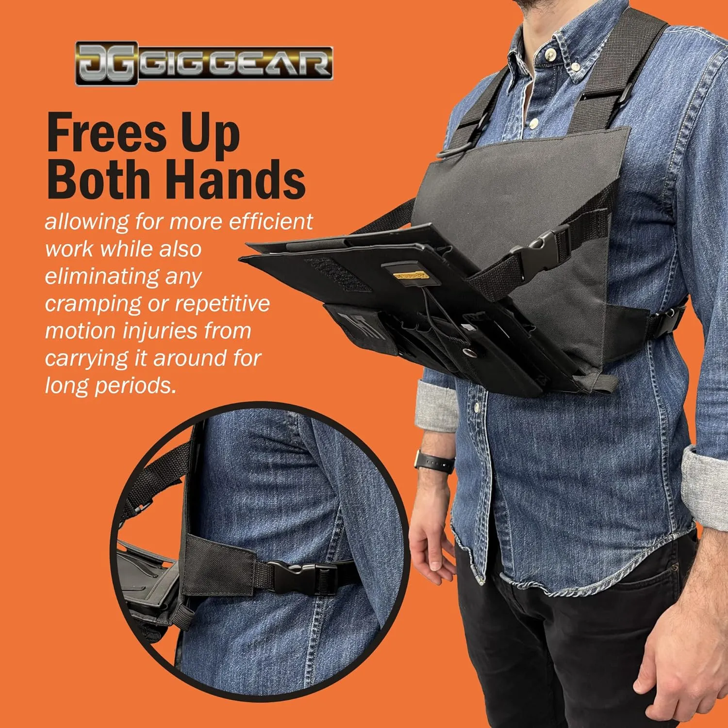 Two Hand Touch Tablet Chest Harness for iPad and Samsung Tablets - Rugged Tablet Carrying Case with Strap and Compartments - Heavy Duty iPad Chest Mount for 12.9 Inch Mobile Device (Black)