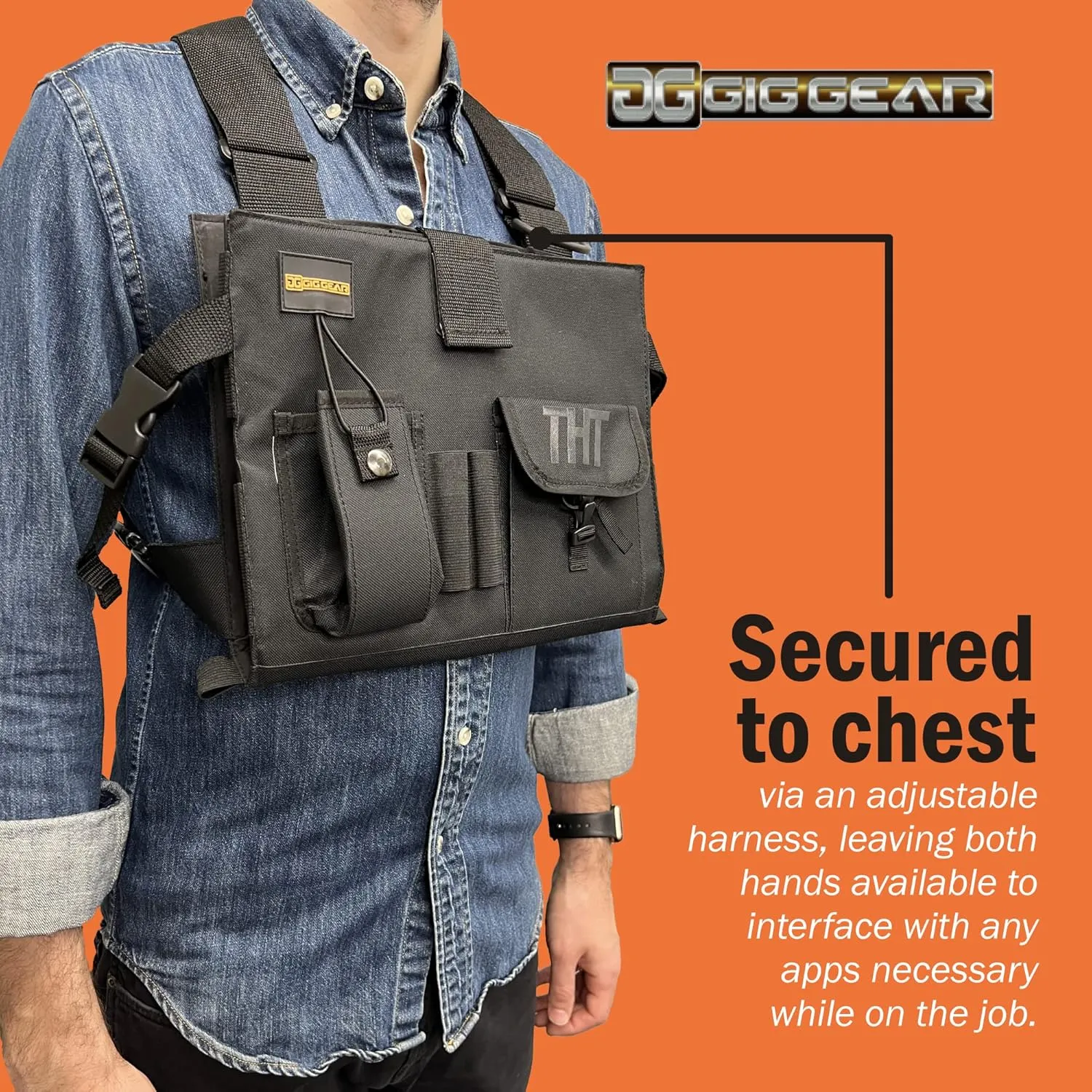 Two Hand Touch Tablet Chest Harness for iPad and Samsung Tablets - Rugged Tablet Carrying Case with Strap and Compartments - Heavy Duty iPad Chest Mount for 12.9 Inch Mobile Device (Black)