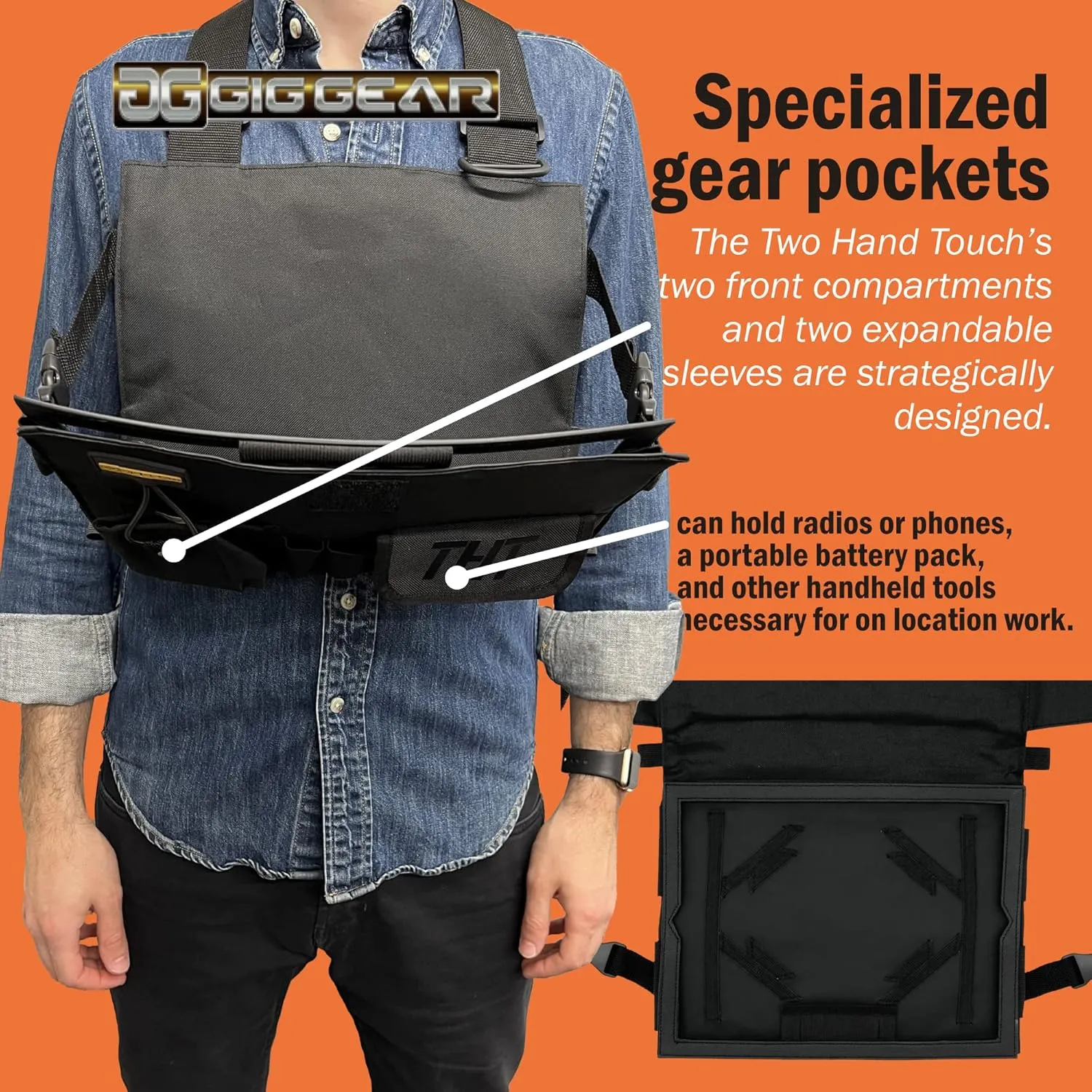 Two Hand Touch Tablet Chest Harness for iPad and Samsung Tablets - Rugged Tablet Carrying Case with Strap and Compartments - Heavy Duty iPad Chest Mount for 12.9 Inch Mobile Device (Black)