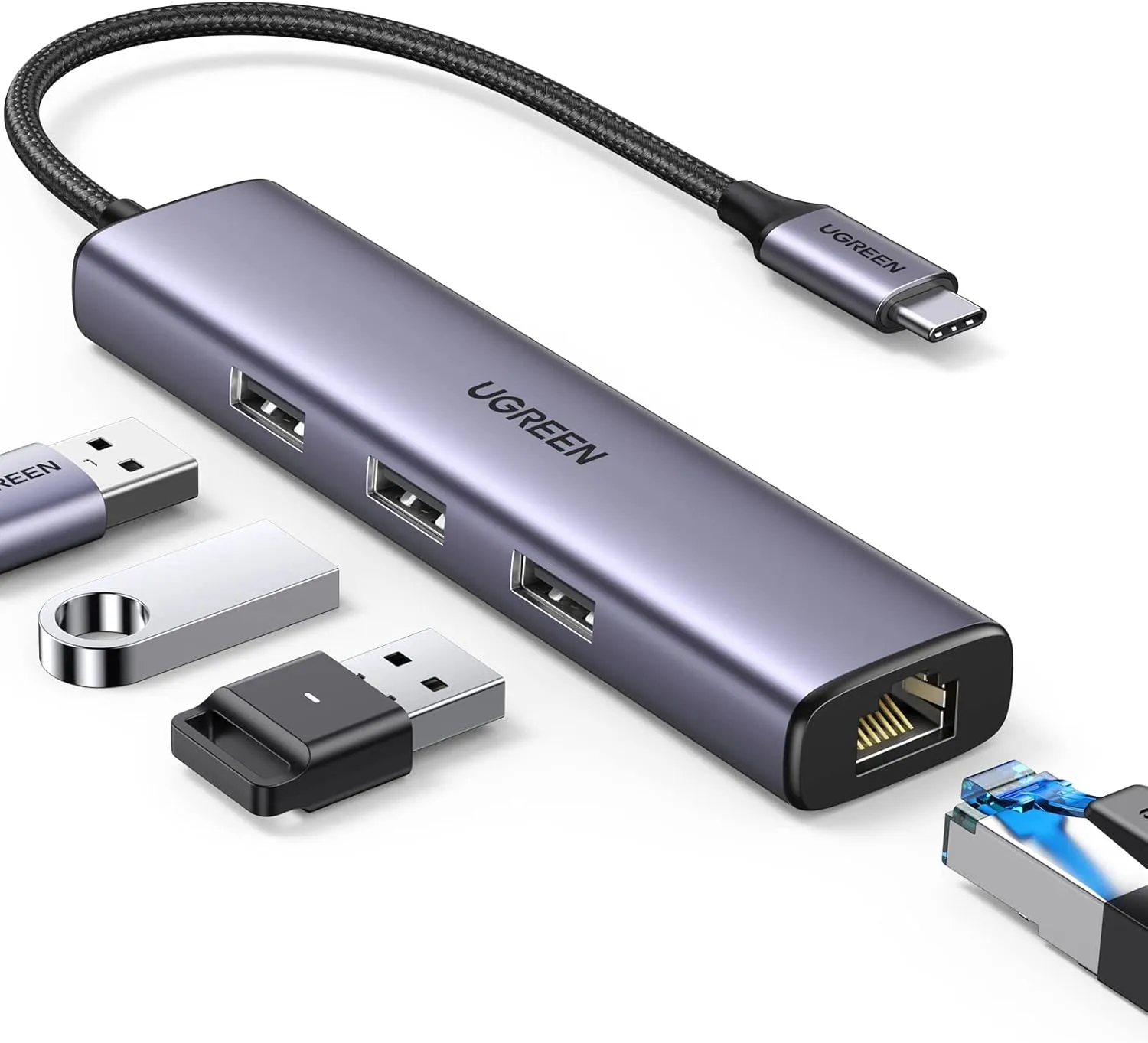 UGREEN USB C to Ethernet Adapter, 4 in 1 USB C Hub Ethernet with 3 USB 3.0 Ports/Gigabit Rj45, Plug & Play, Thunderbolt (3/4) to Network Adapter for MacBook Pro/Air, XPS, iPad Pro, iPhone 15 Pro/Max